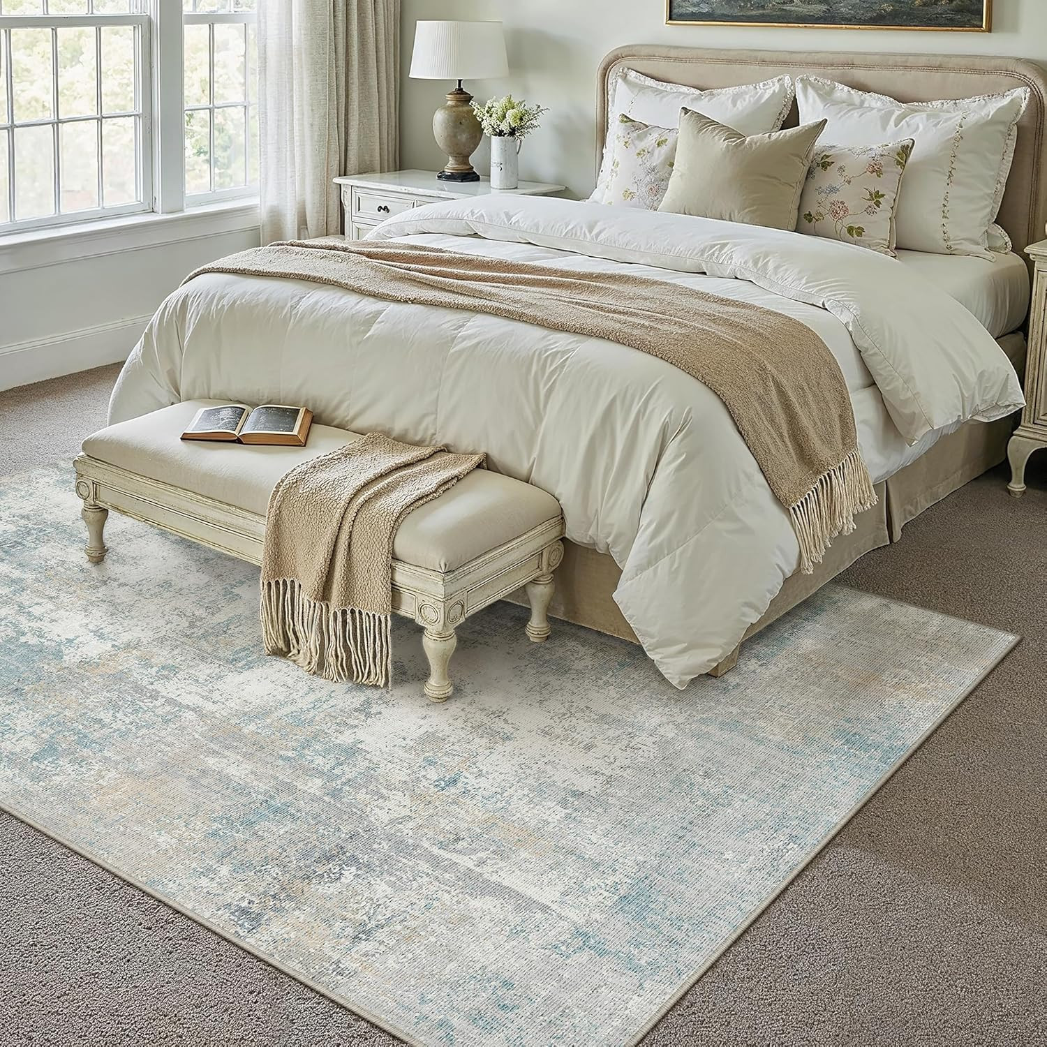 Blue Cream Abstract 8×10 Washable Non-Slip Area Rug for Modern Home Decor