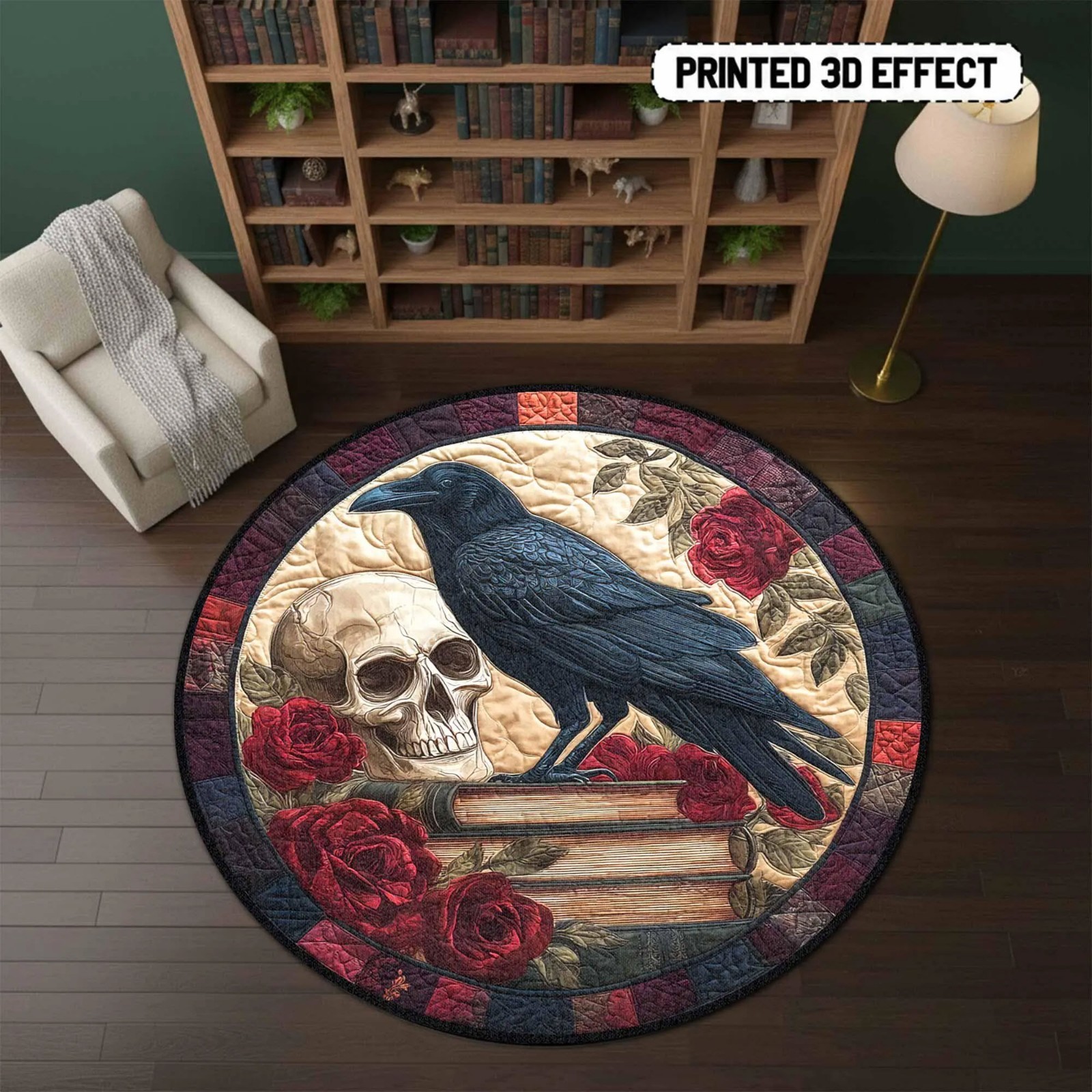 Raven Skull Round Mat Gothic Crow Dark Academia Round Carpet Rose Skull Decor