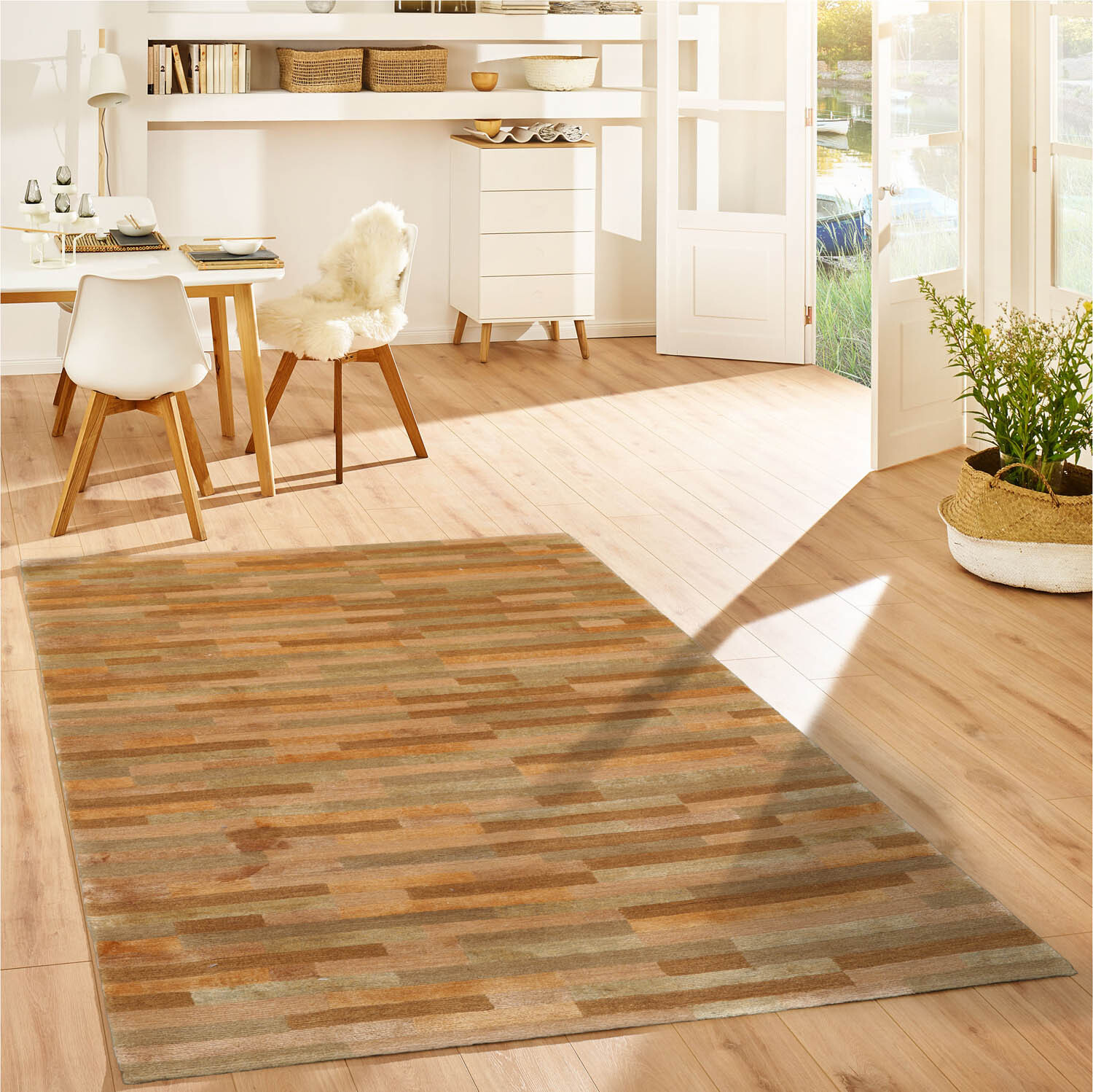 3×5 Gold Hand Knotted Tibetan Contemporary Striped Wool & Silk Area Rug