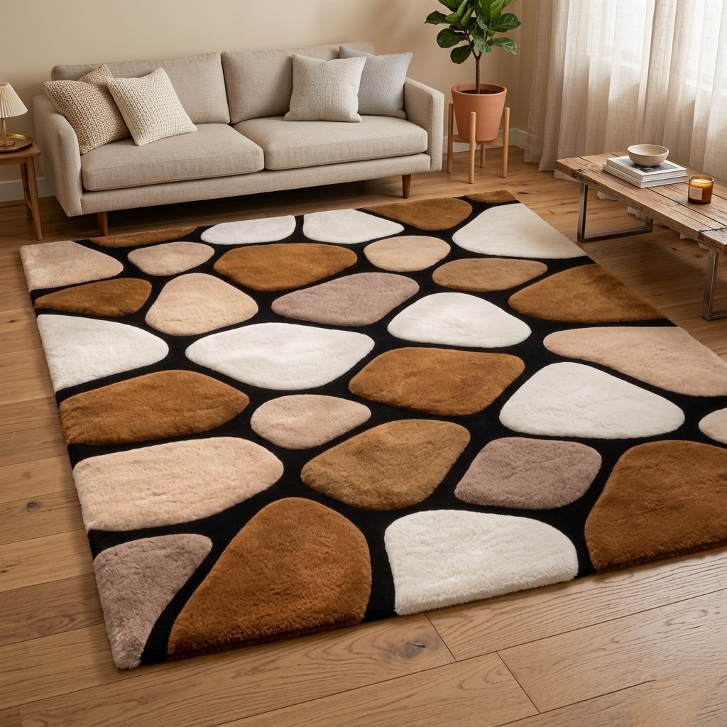 Modern 3D Pebble Wool Rug 5×8 Geometric Brown Area Rugs Living Room Large Carpet