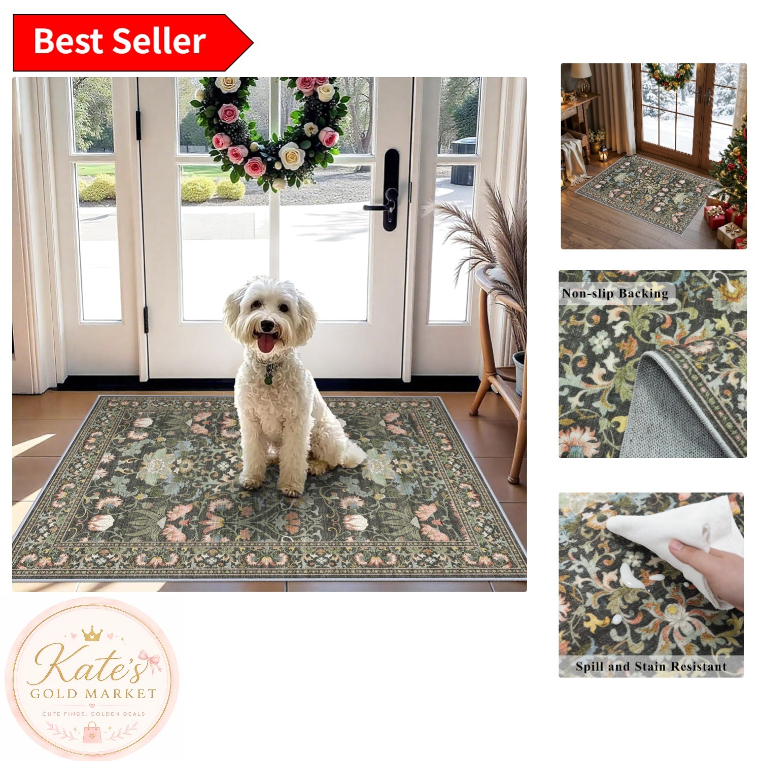 Stylish 2×3 Washable Floral Floor Mat – Non-Slip, Water-Resistant, Low Pile