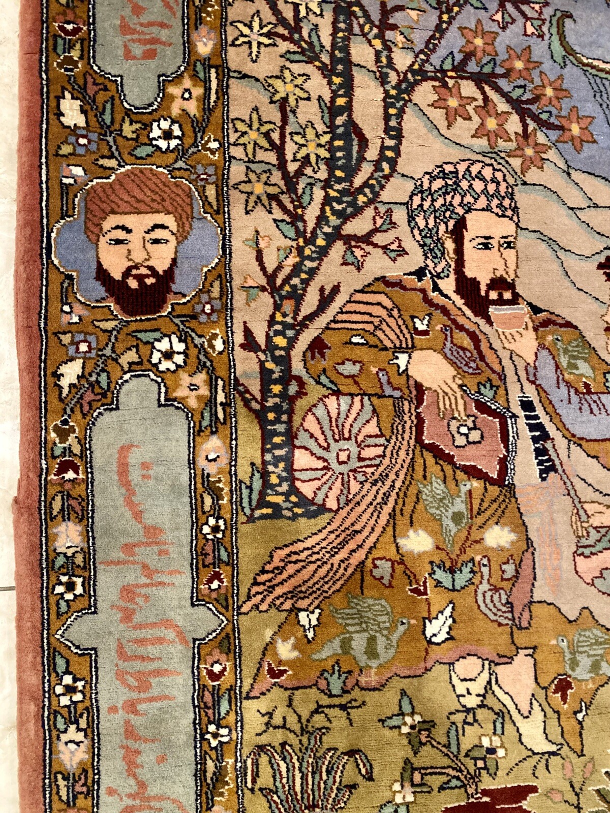 Authentic VTG ISFAHAAN Hand-Knotted Wool Silk Pictorial Rug Carpet 70”X36”.