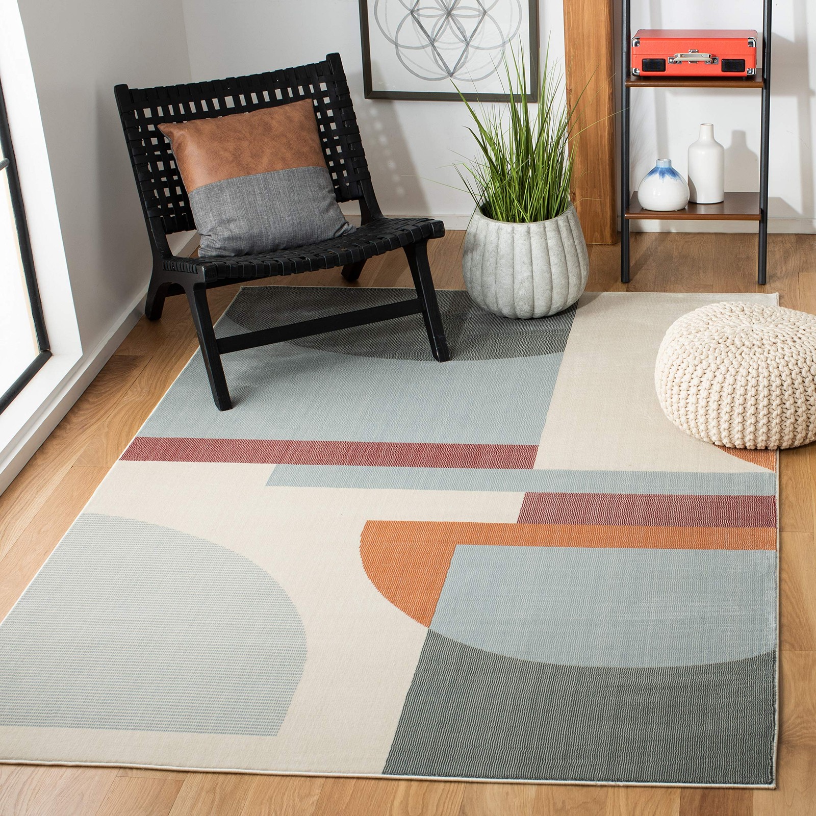 Orwell Collection Area Rug – 3′ Square, Ivory & Blue, Mid-Century Modern Abst…