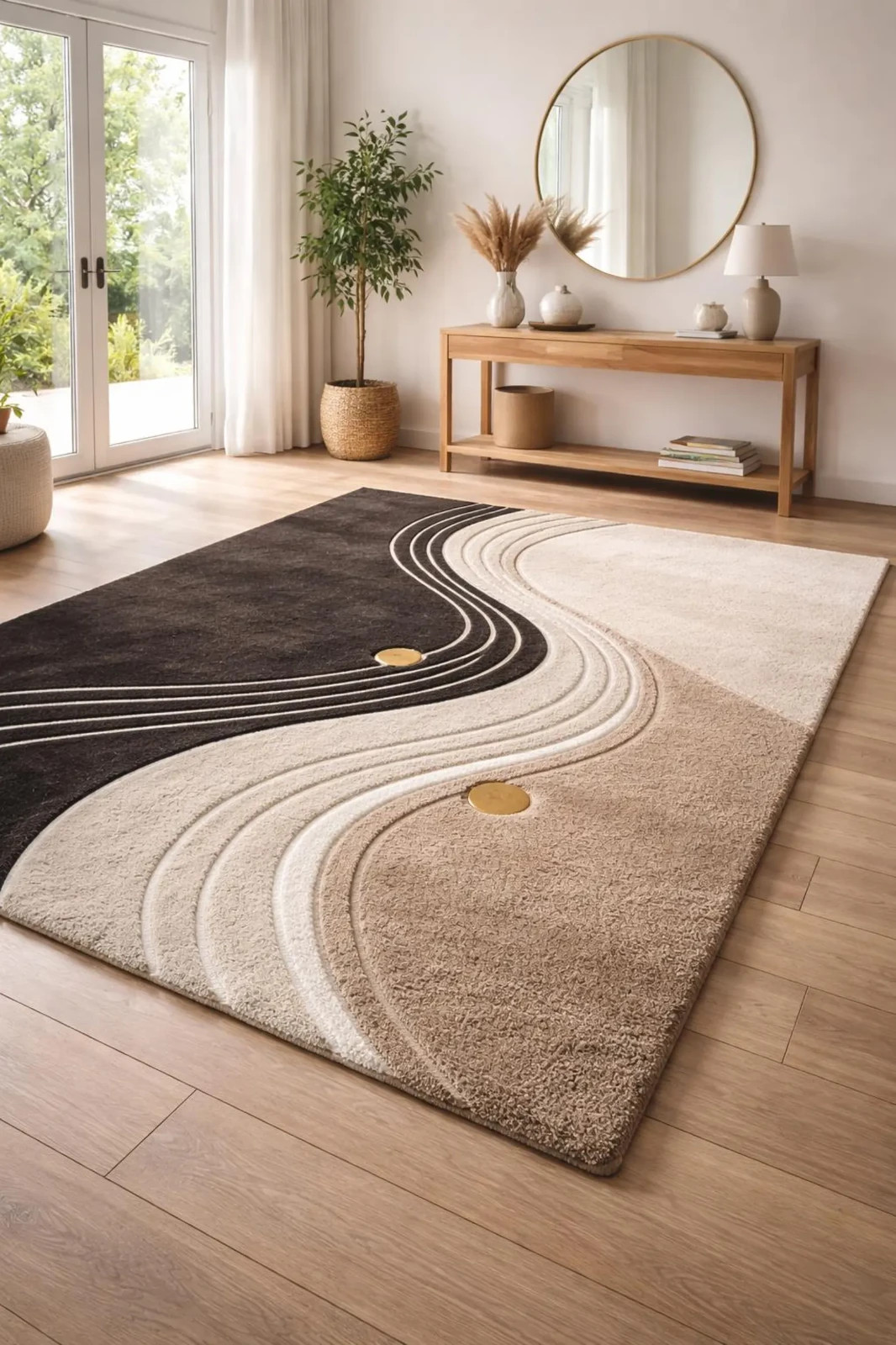Hand Tufted Wool Area Rug Black Cream Beige Abstract Wave Design with Gold Rug.