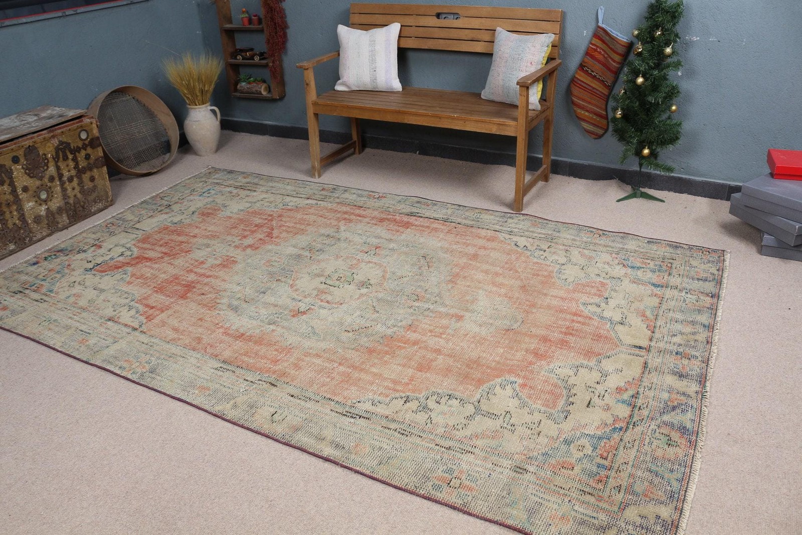 Turkish Vintage Rug, Large 5,8×9,5 ft (178×290 cm) Rug, Red Striped Wool Rug