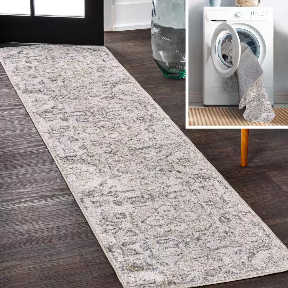 Cream/Light Gray 2 Ft. X 8 Ft. Edith Distressed Medallion Low-Pile Machine-Washa