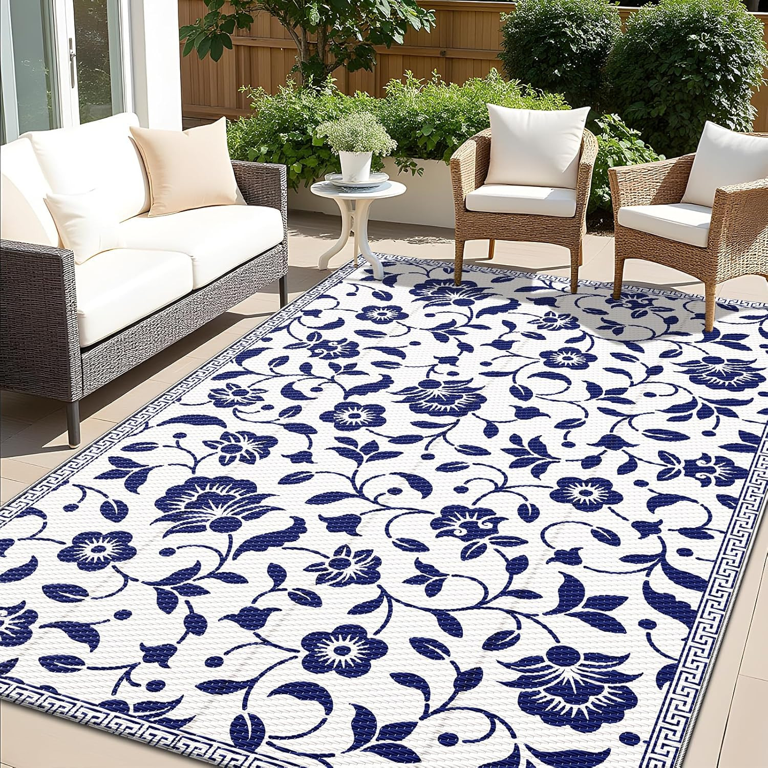 OLANLY Waterproof Outdoor Rug 5X8 Ft, Outdoor Plastic Straw Rug with Flower Patt