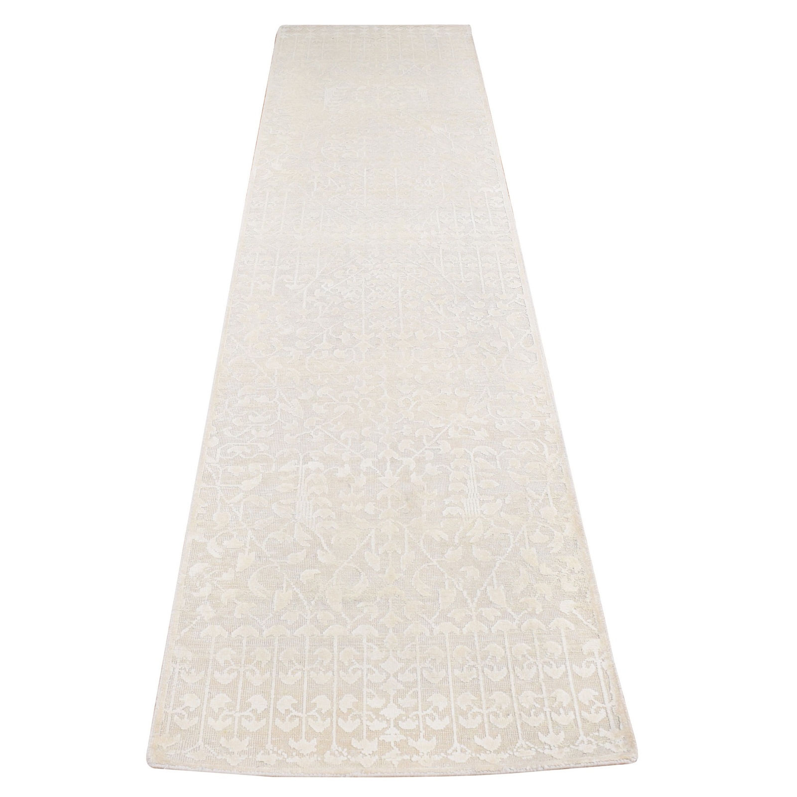 2’6″x11’8″ Ivory Hand Knotted Tone on Tone Silk with Wool Runner Rug R87296