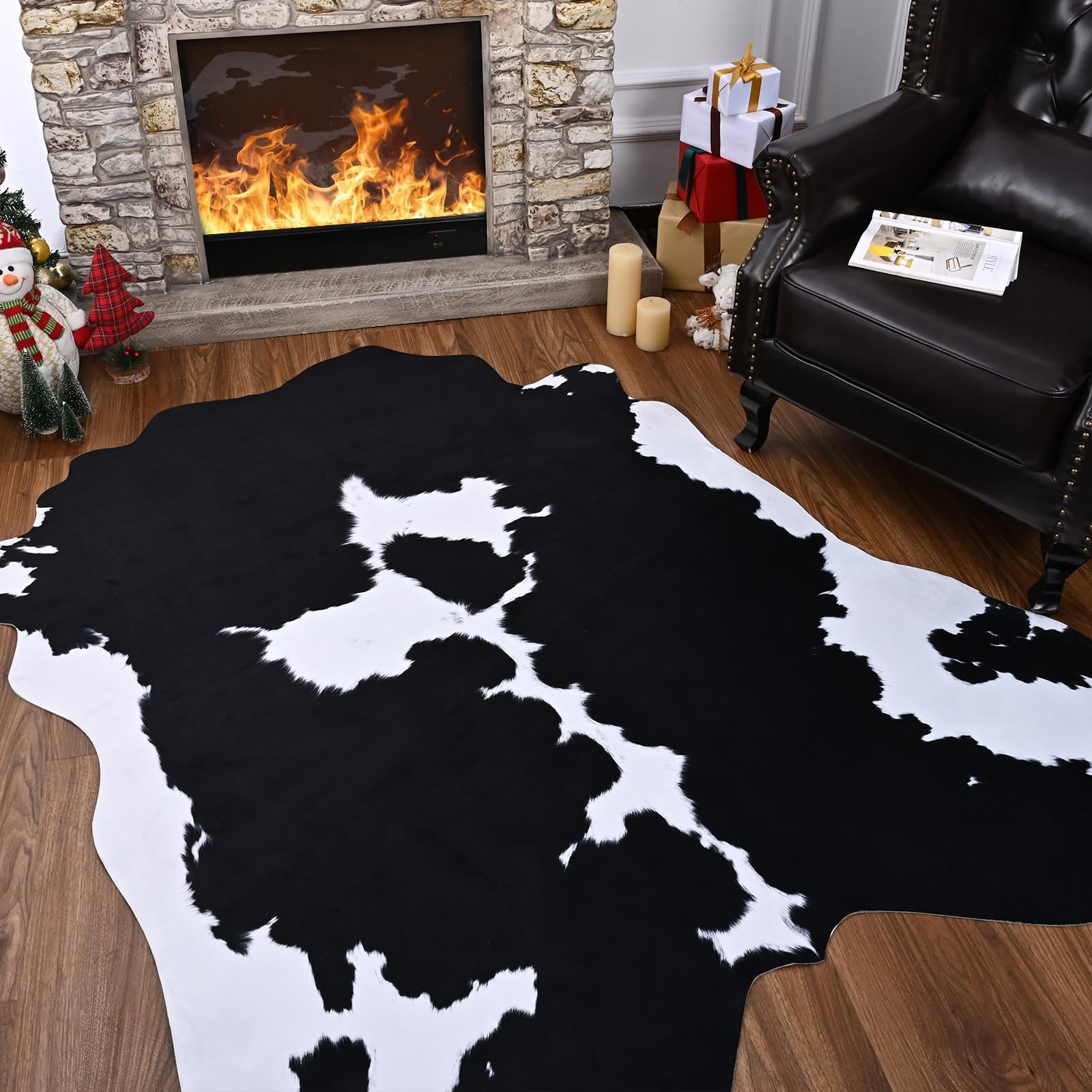 Comeet Faux Cowhide Rug 4.6 x 5.2 Feet, Large Thickened Print Rug, NonSlip Fa…