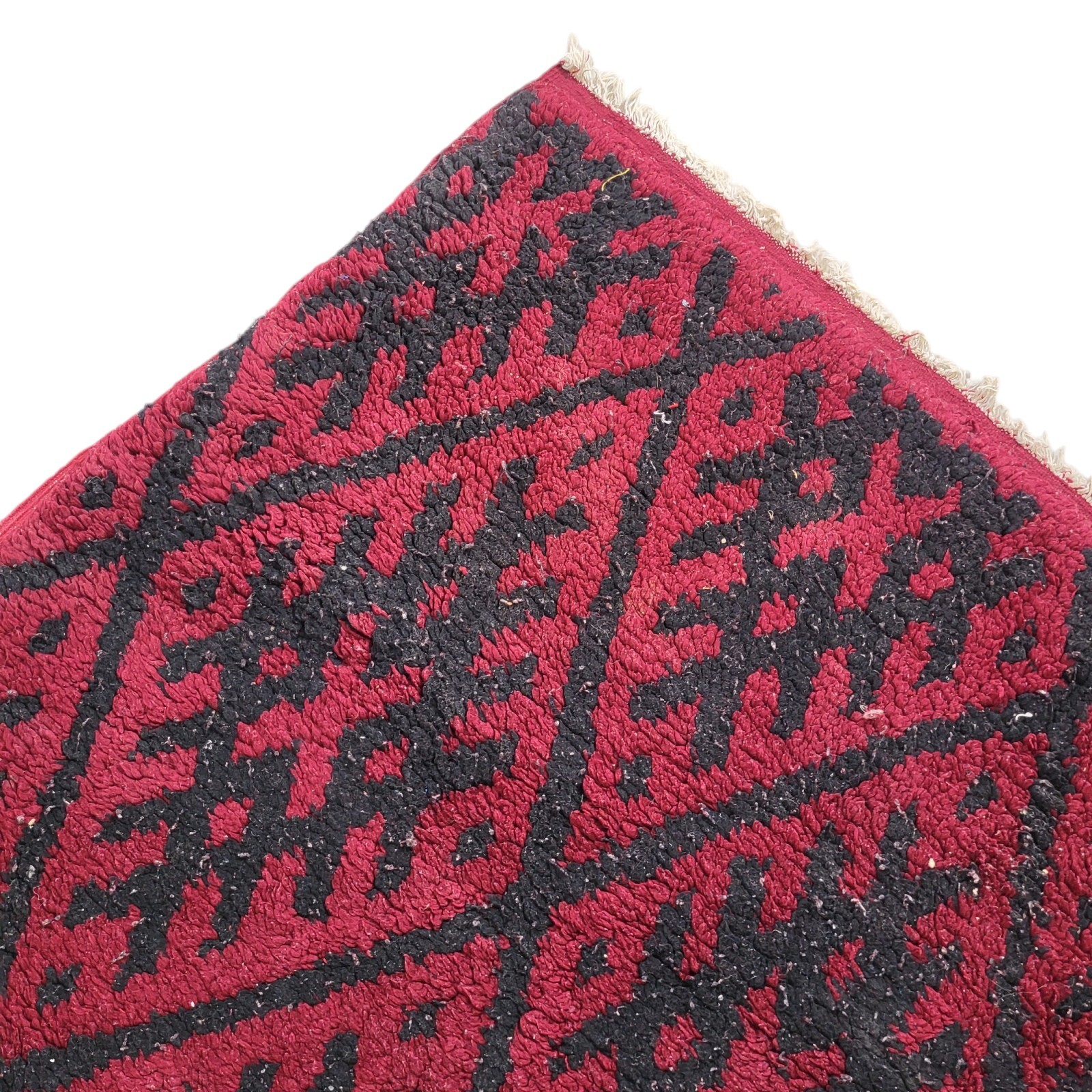 Handmade Moroccan Rug Vintage Burgundy Fringe Beige Diamond Pattern Carpet 40 Yr