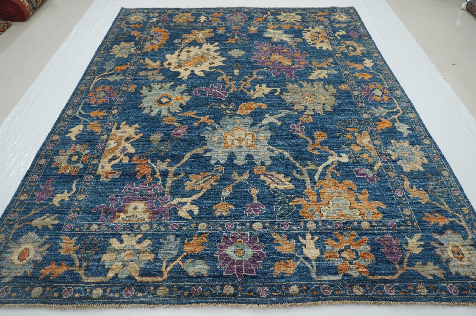 8 x 10 ft Dark Blue Turkish Oushak Hand Knotted Wool Oriental Geometric Rug