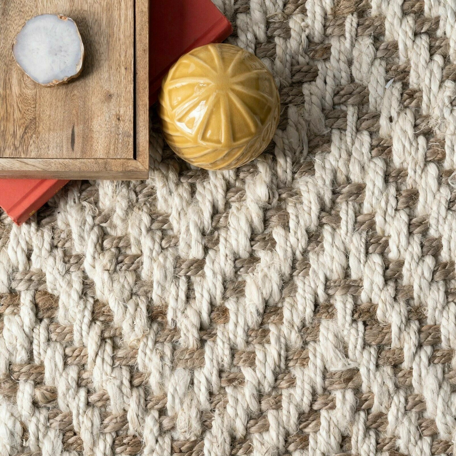 Hand Made Natural Jute and Wool Blend Area Rug with Fringe in Tan