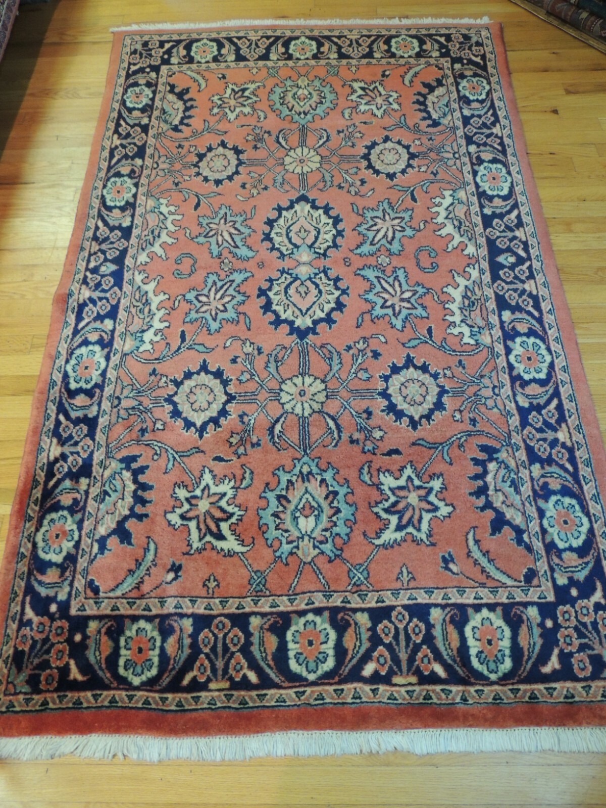 5×7 4×7 Mahal Oriental wool Red Coral Blue Navy Hand Knotted Semi Antique