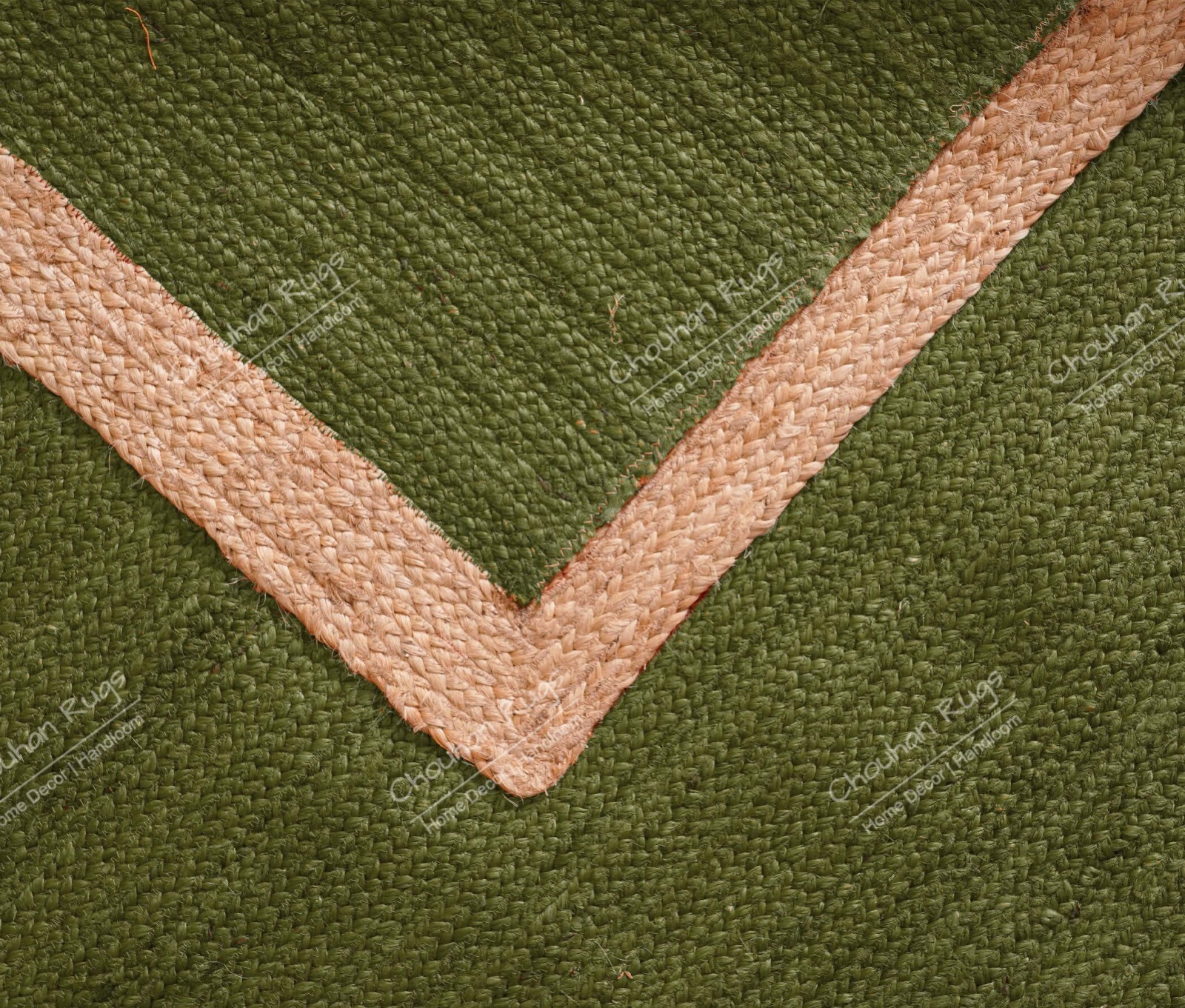 Hand Braided Rectangle Shape Home Décor, Dark Green Jute Rug With Beige Border