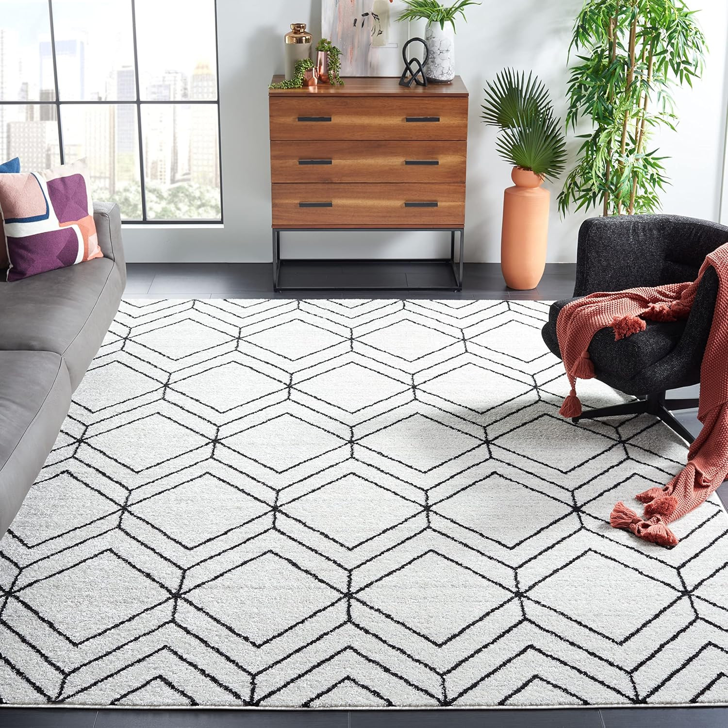 Adirondack 9′ x 12′ Area Rug – Modern Geometric, Light Grey & Black, Easy Care