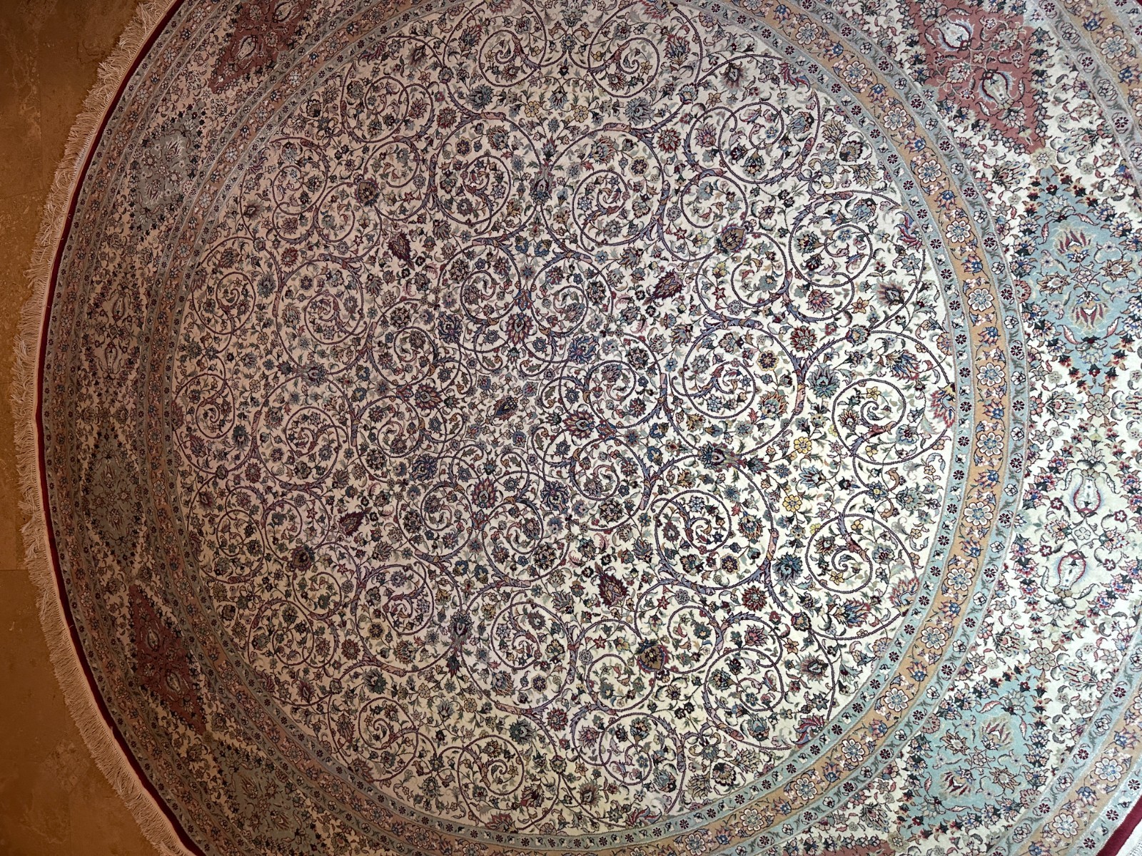 Large 102″ Nain-Style Round Floral Area Rug Fringe Ivory Burgundy Blue
