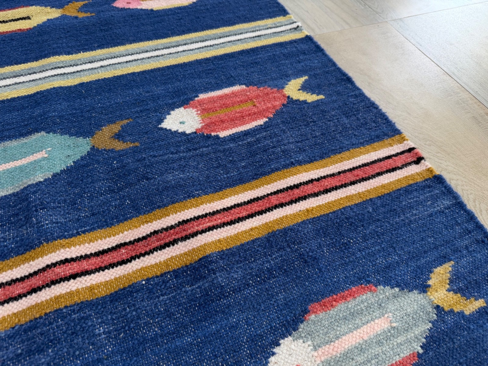 Hand Woven Wool Area Rug 5 x 8 Blue Tribal Folk Art Scandinavian Kilim for Kids