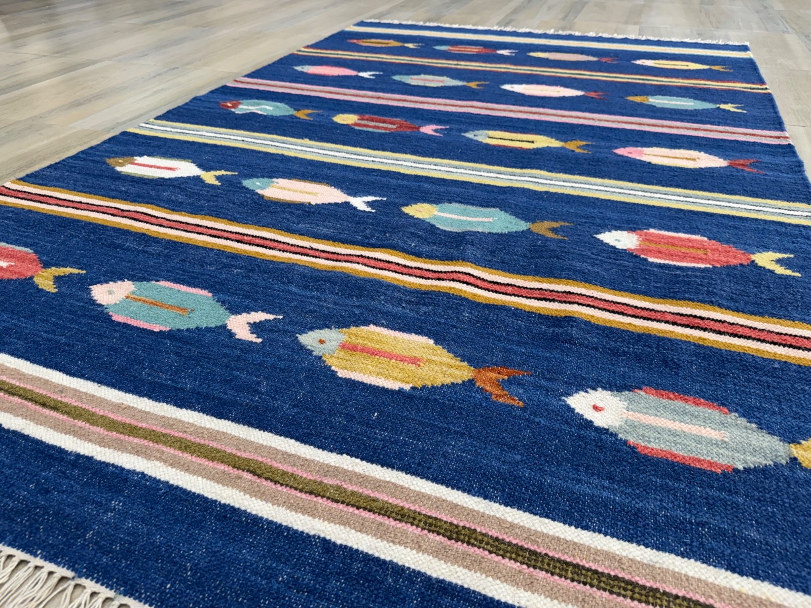 Hand Woven Wool Area Rug 5 x 8 Blue Tribal Folk Art Scandinavian Kilim for Kids