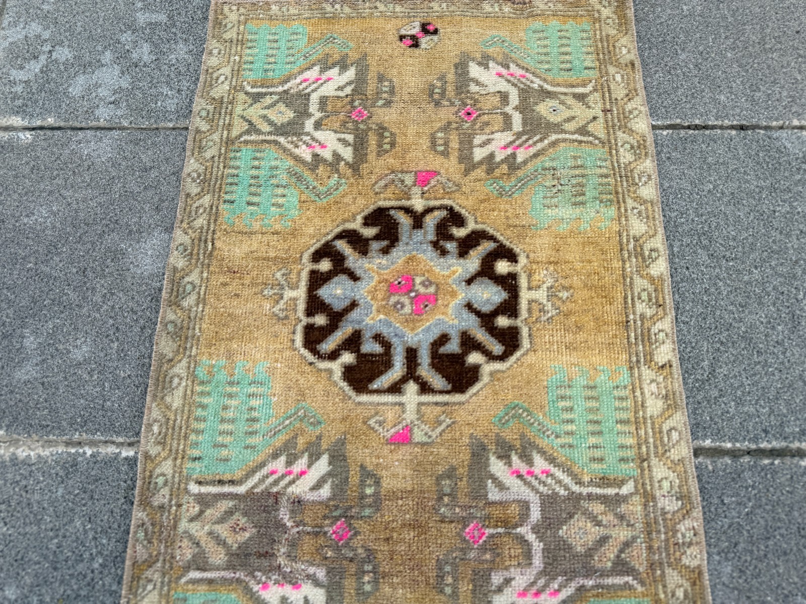 Vintage Turkish Oushak Rug 1.4×2.3 ft Mustard Gold Door Mat Accent Rug