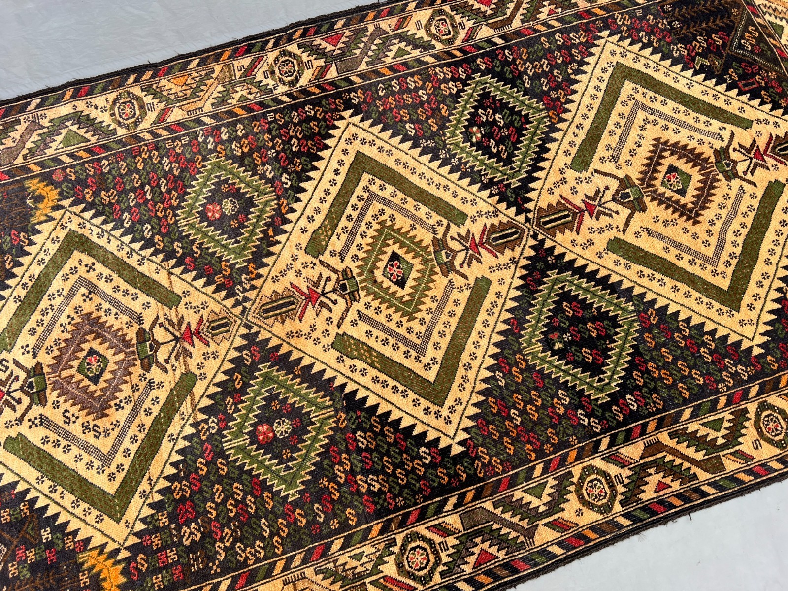 Elegant Afghan Baluchi Tribal Rug Cream Field Bold Geometric Floral Panels Carpe