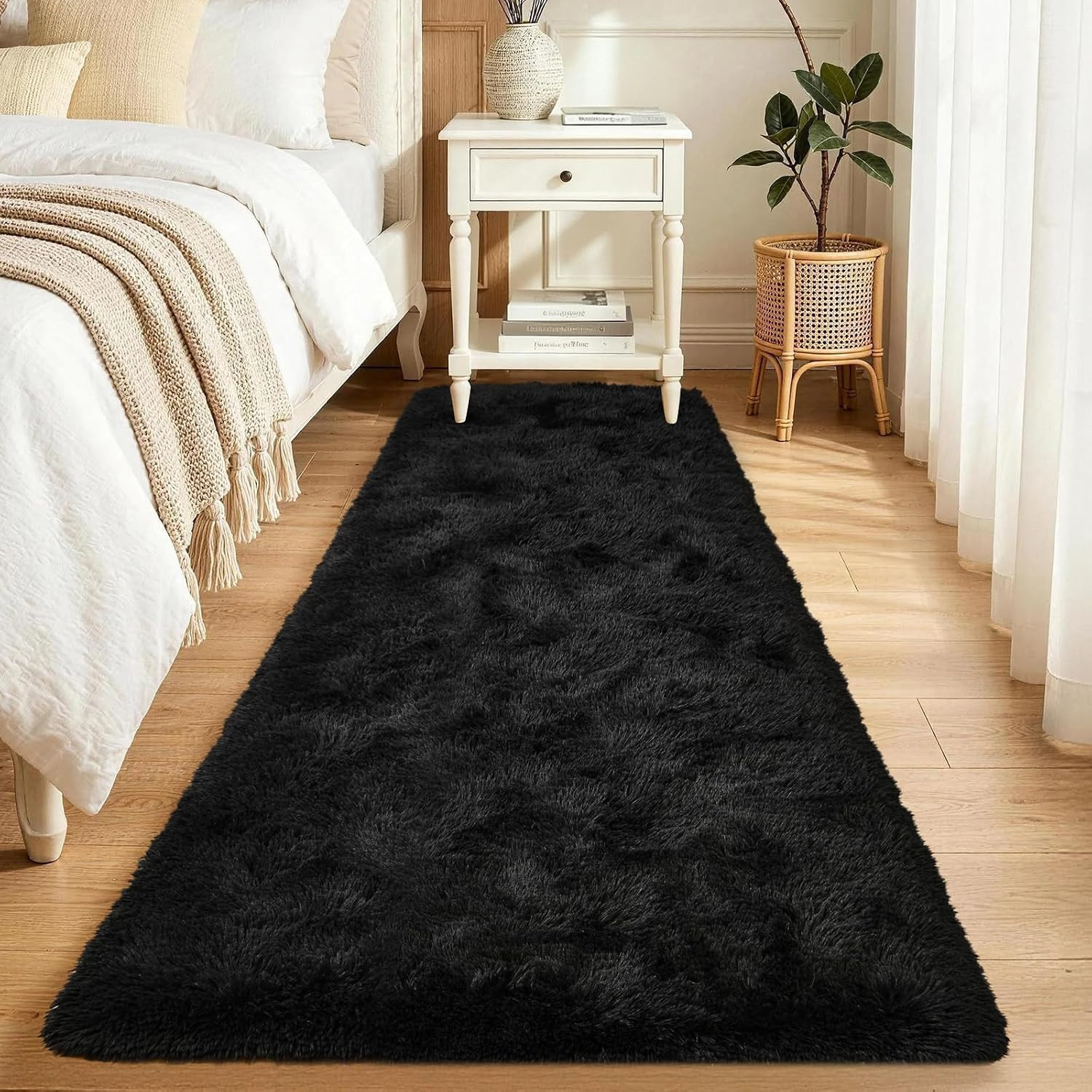 2X6 Black Runner Rug for Bedroom Hallway Living Room, Fluffy Shag Soft Plush Fur