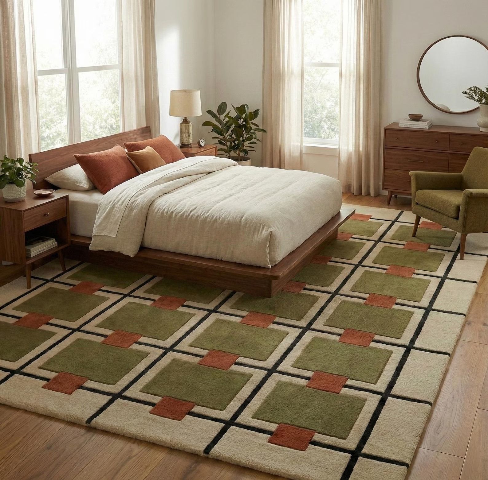 Hand Tufted Wool Rug Modern Geometric Grid Olive Green Rust Living Room Carpet