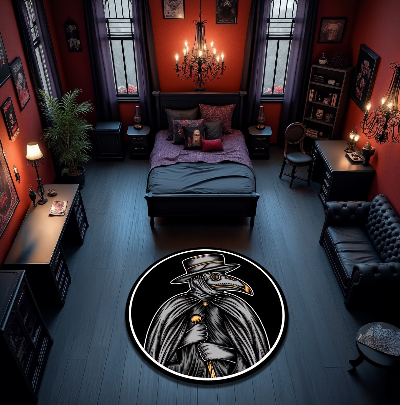 Plague Doctor Themed Gothic Style Horror Carpet Round Bedroom Rug Horror Decor