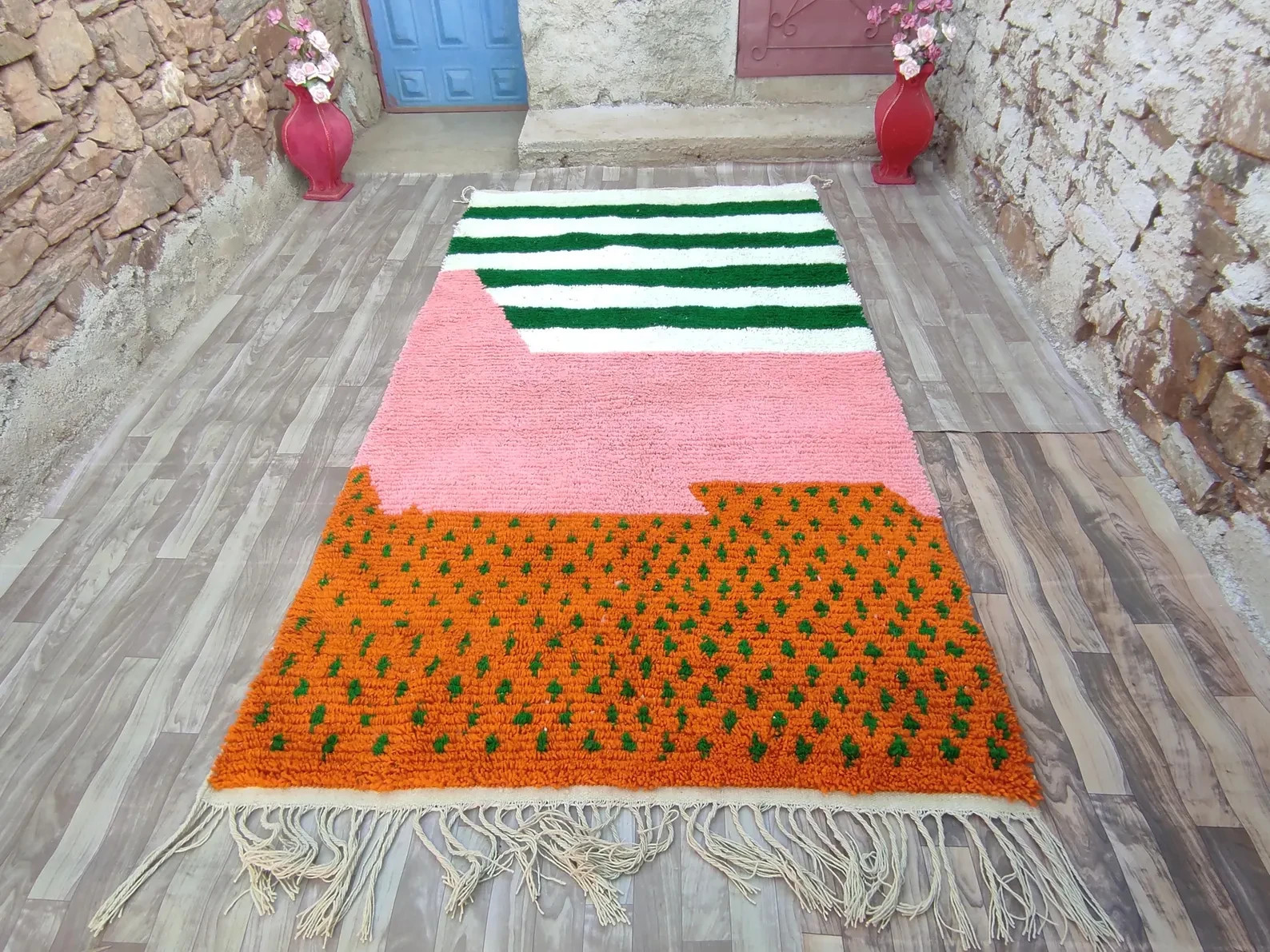 HANDMADE BENI OURAIN Rug Pink Green, Moroccan Wool Berber Carpet,