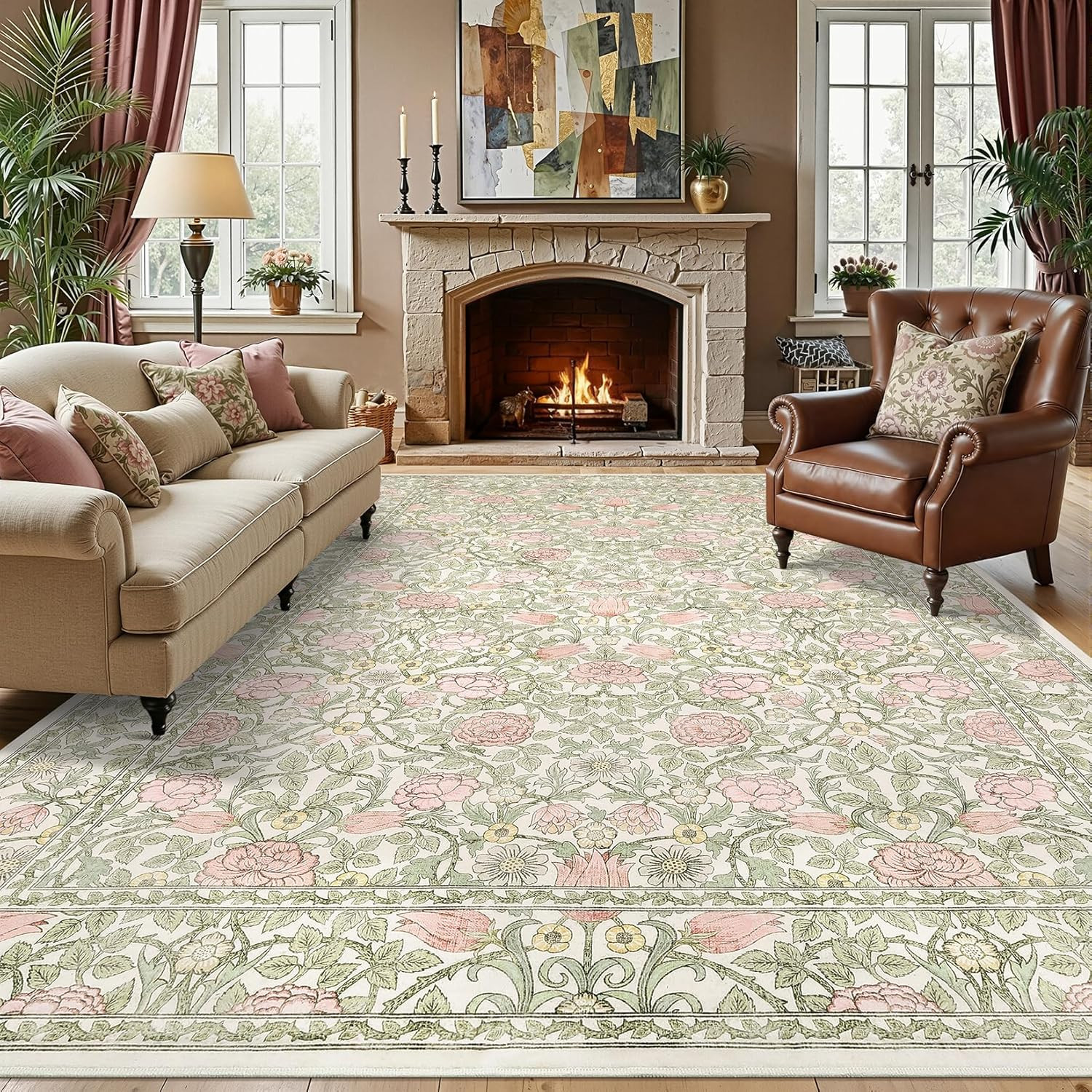 Pink and Green Vintage Floral Washable Rugs 8X10 for Living Room Boho Retro Bota
