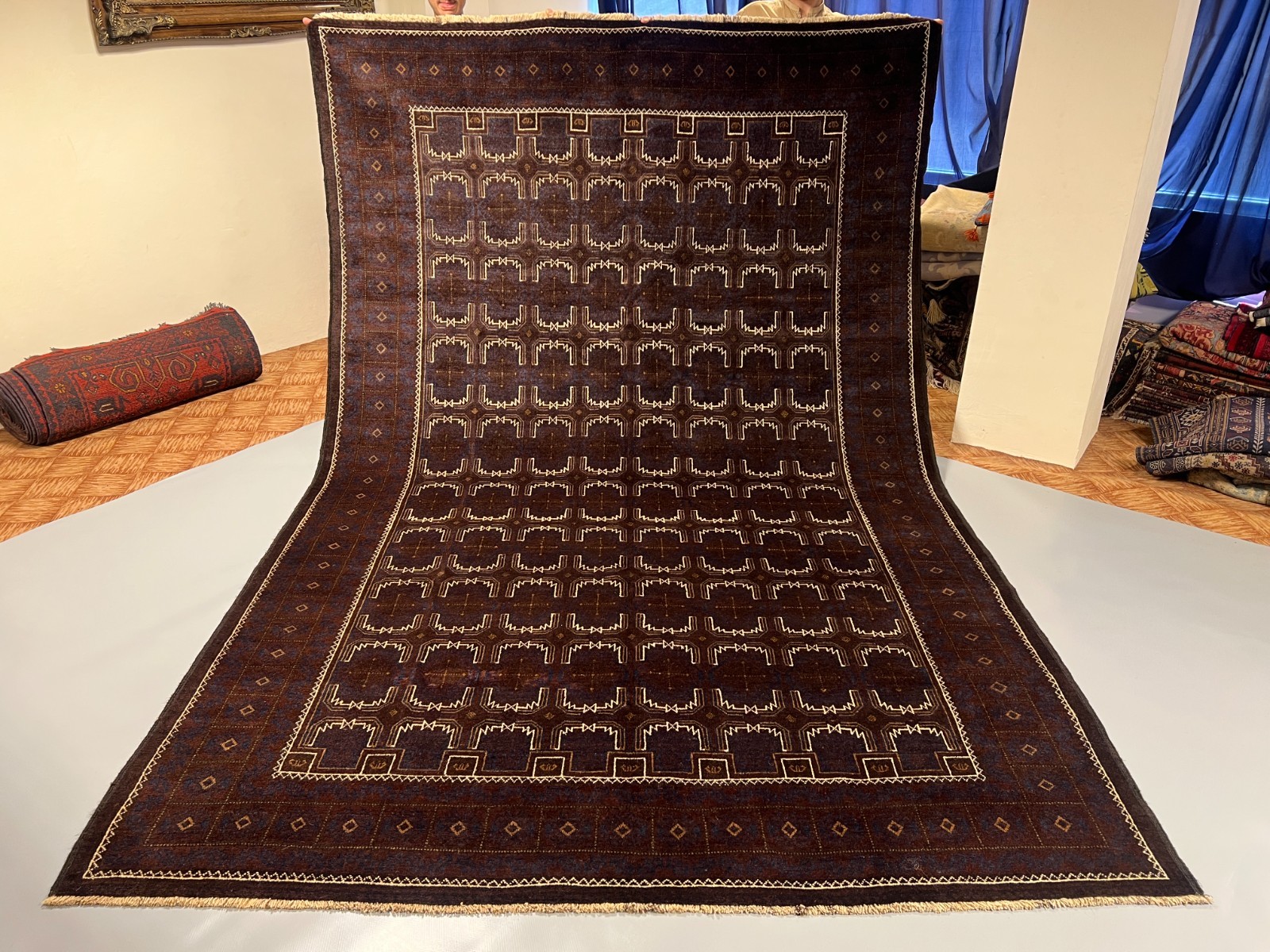 7’1 x 11’2 Ft Distinctive Afghan Baluchi Wool Rug Dark Brown Blue Geometric Rug
