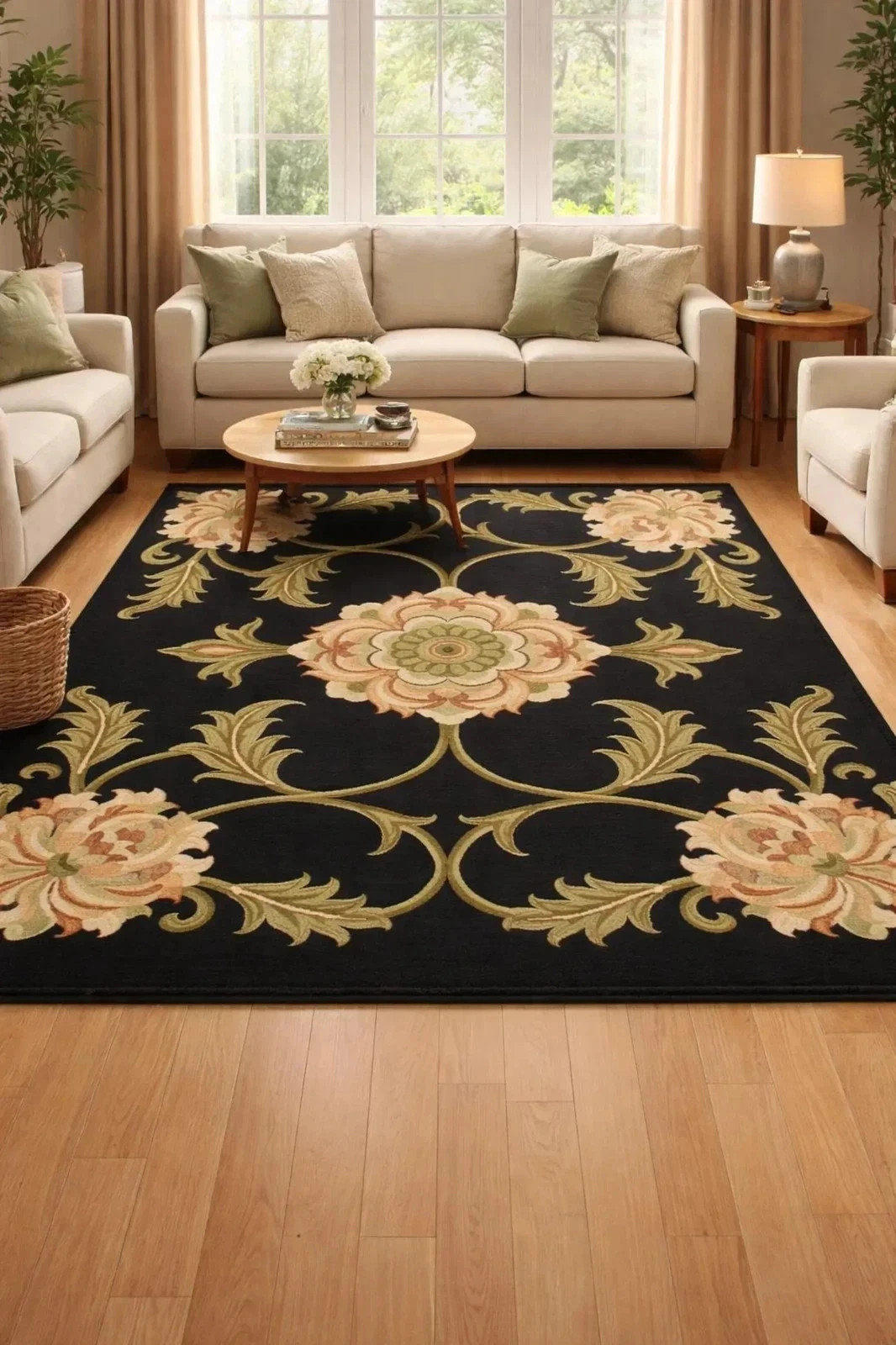 Hand-Tufted Wool Floral Rug, Black Base Botanical Medallion Carpet, Classic rug