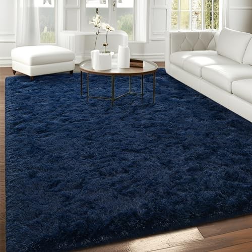 Fluffy Navy Blue Rugs for Bedroom, 4×6 Feet Dark Blue Area Rug for Living