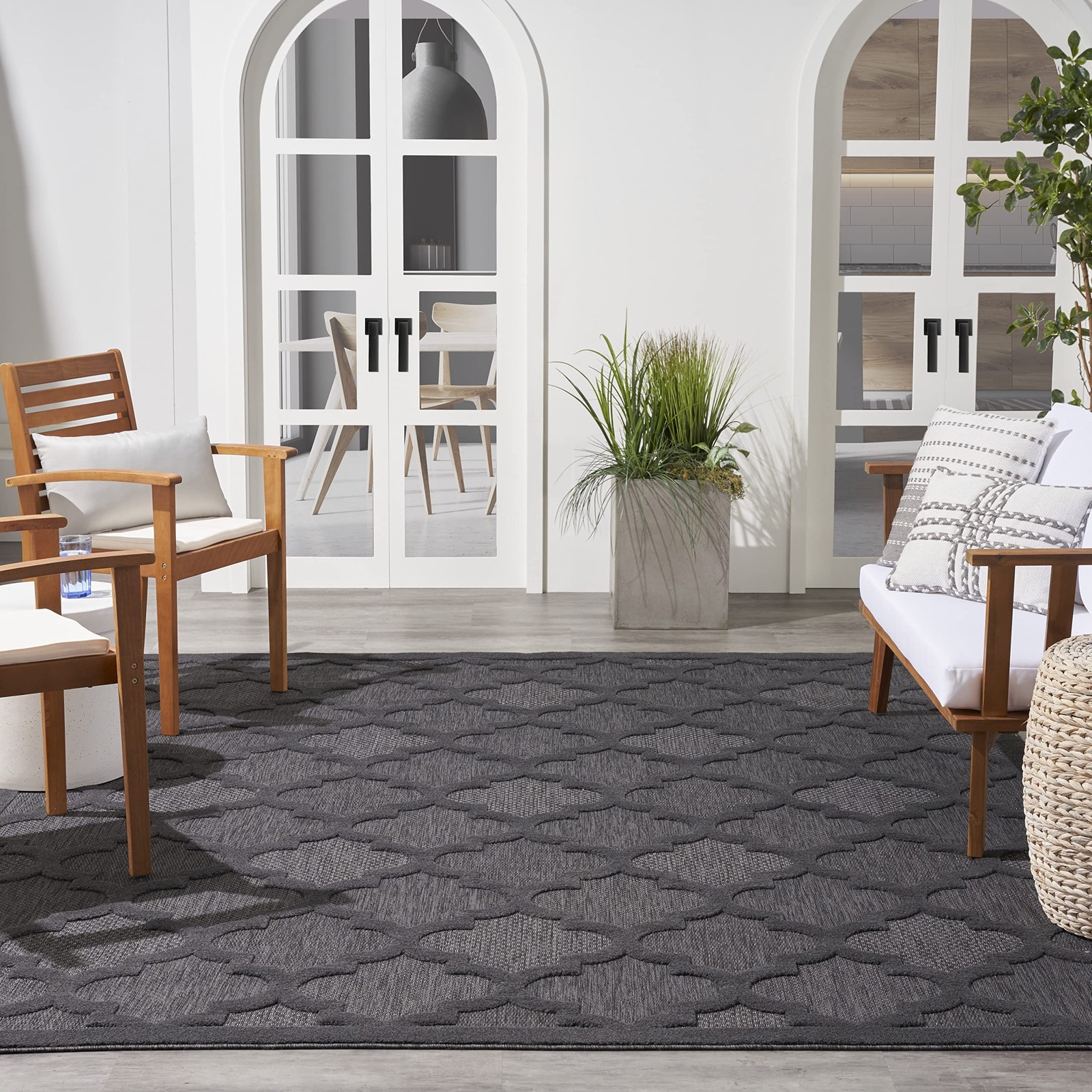 Charcoal Black 7X10 Indoor Outdoor Rug Easy Clean High Low Flatweave Textured
