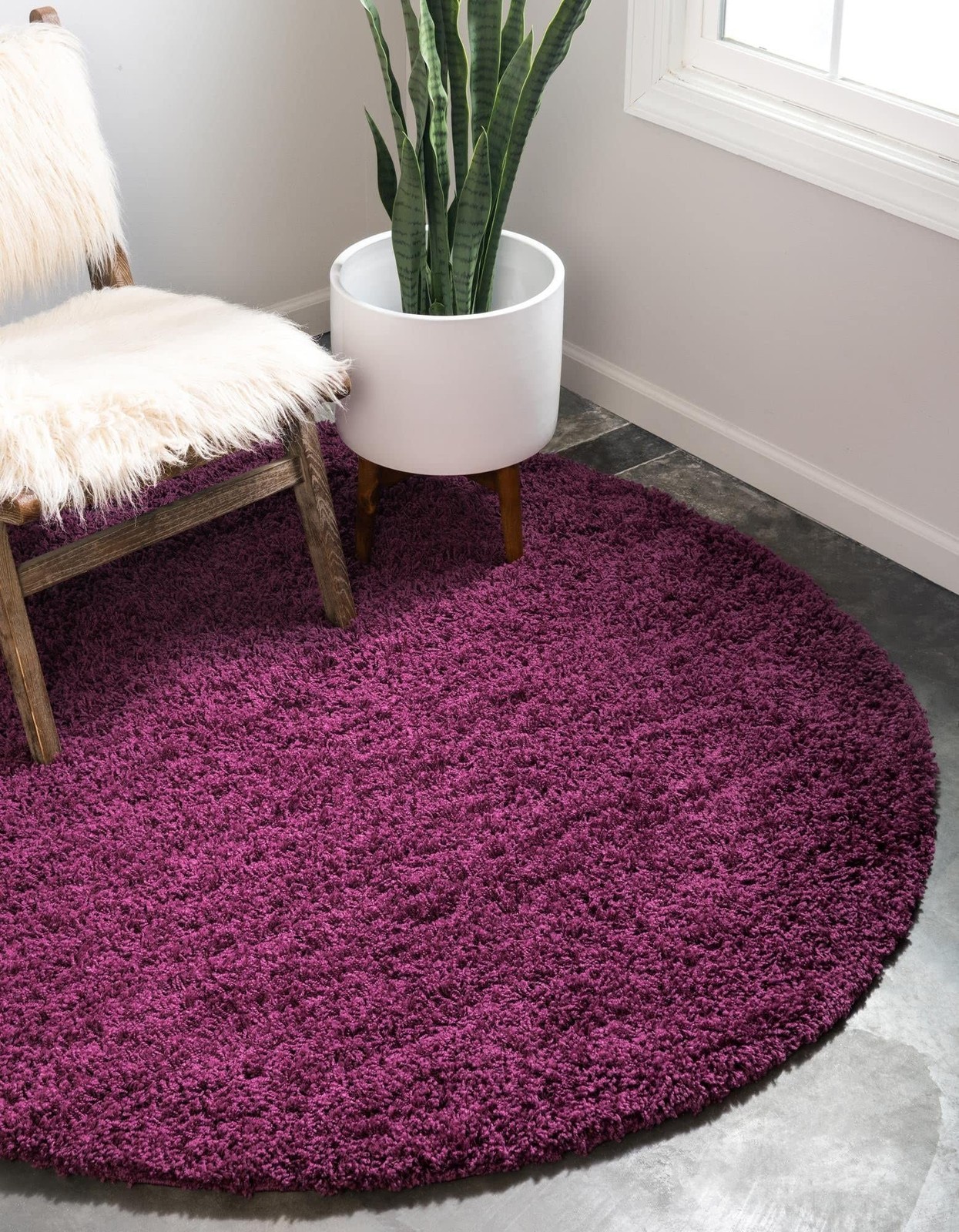 Unique Loom Solid Shag Collection Area Rug (3′ 3″ Round, Eggplant Purple)