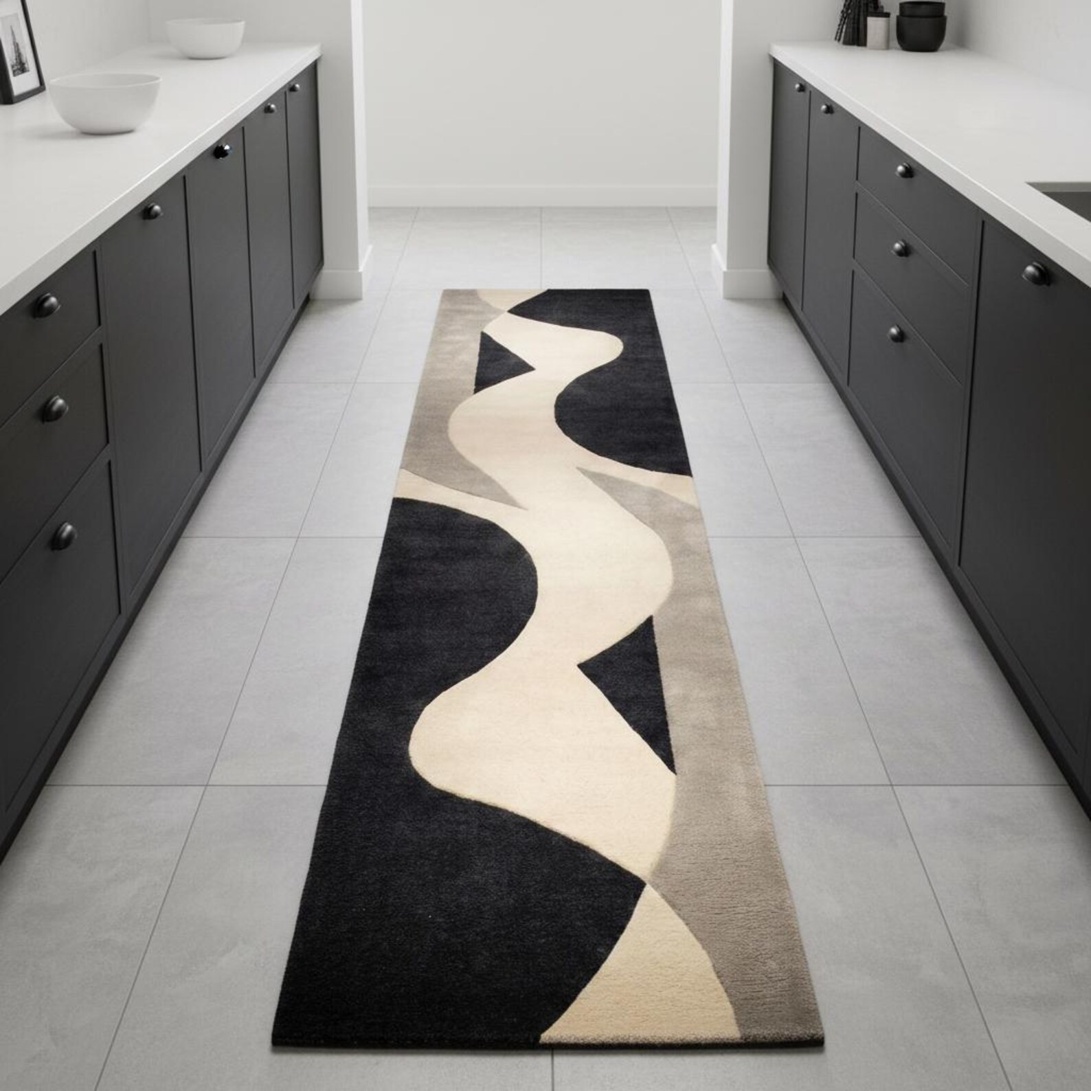 hand tufted Mid Century Abstract Runner Rug,Modern Black Ivory Hallway Carpet,