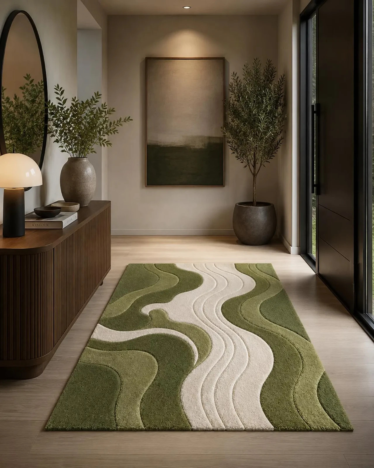 Hand-Tufted Wool Blend Wave Rug – Sage Green & white Abstract Living Room Decor