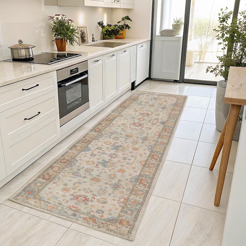 Boho Floral Runner Rug: Cream Beige Turkish Oushak Style