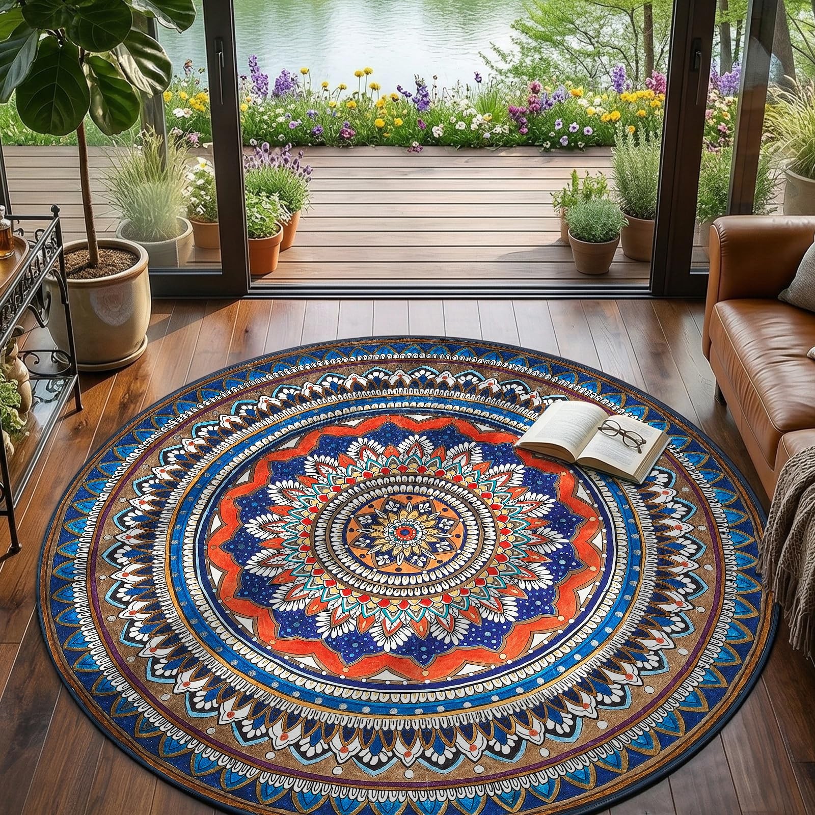 jinchan Mandala Round Rug 6ft Blue Rustic Boho Washable Rug Tribal 6′ Round V…