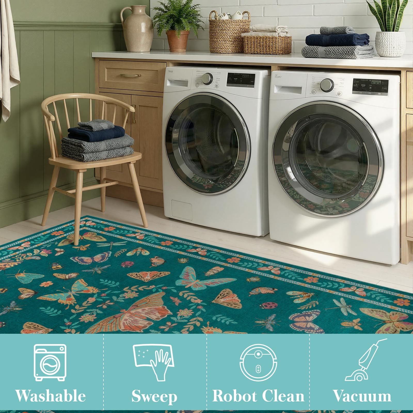 2×6 Dark Blue Runner Rug, Washable Non Slip Insect Botanical Rug for Hallway,…