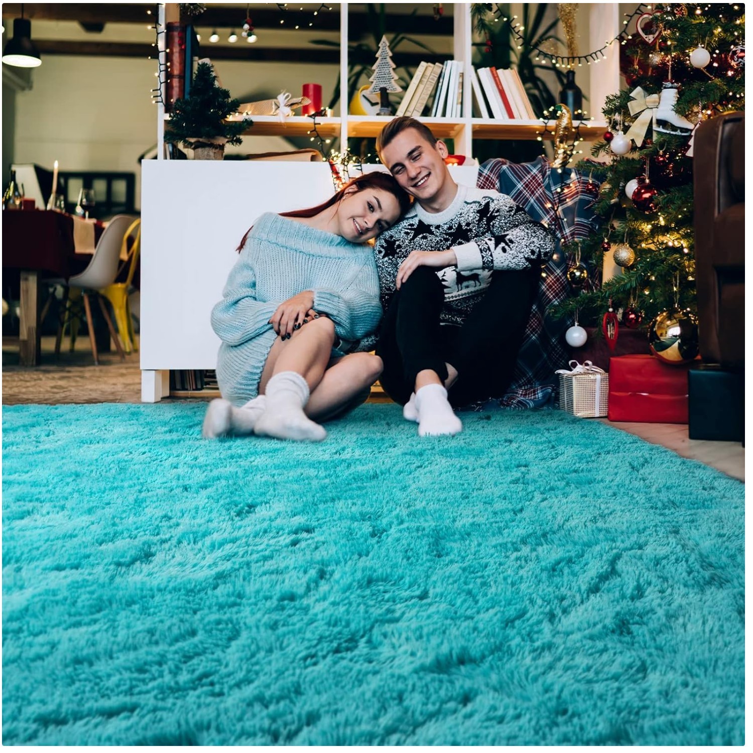 Fluffy Teal Blue Rug 5×8 – Soft Modern Shag for Living Room