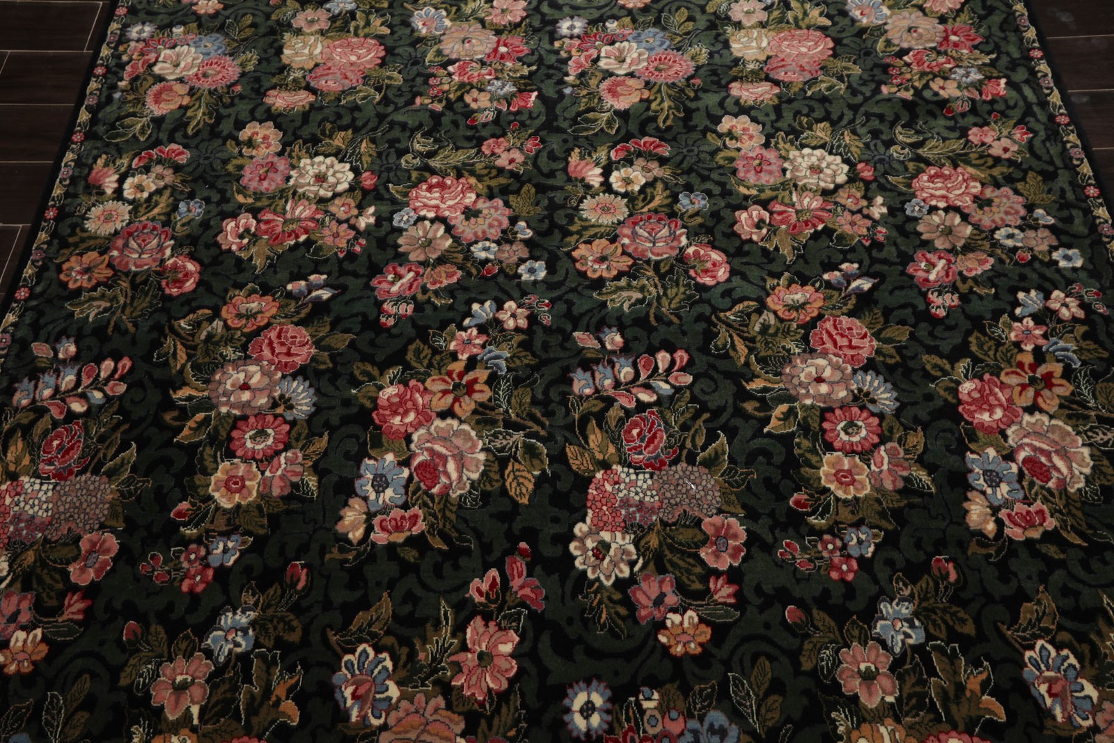 6’1”x9′ Hand Knotted Wool Black French Aubusson Savonnerie 300 KPSI Floral Rug