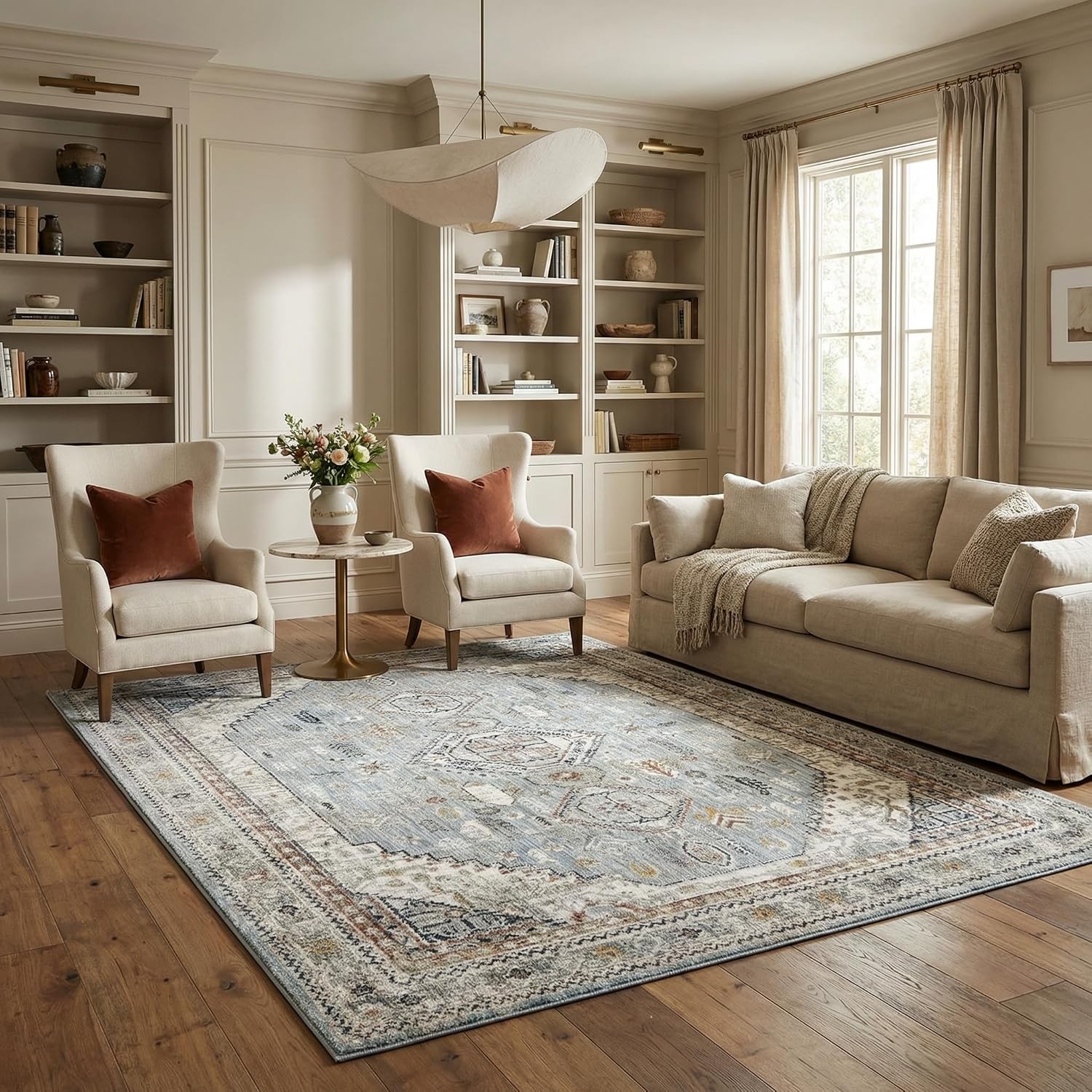 Blue Medallion Traditional 7×10 Area Rug Off White Light Slate Charcoal Medium