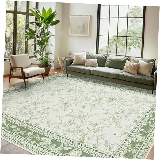 Sage Green Floral 5×7 Area Rug – Vintage Boho Washable Printed Rug