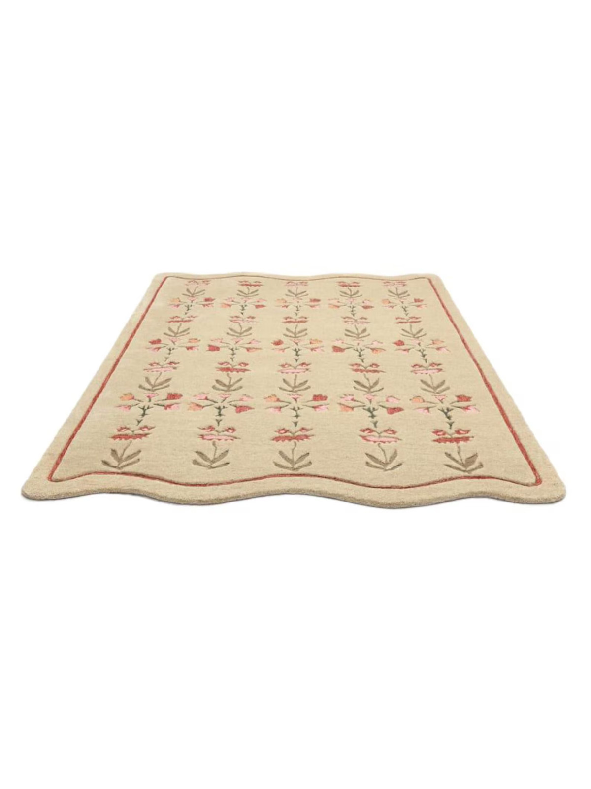 Hand Tufted Beige Wool Rug Floral Pattern with Pink Red Green Motifs and Scallop