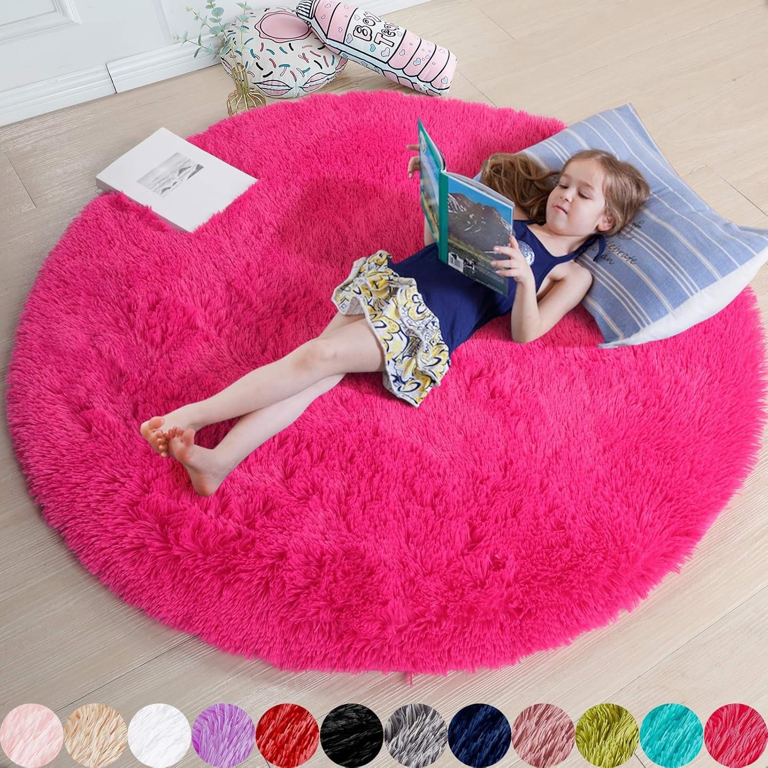 Hot Pink Round Rugs 5Ft for Girls Bedroom, Fluffy Circle Area Rug for Kids Room