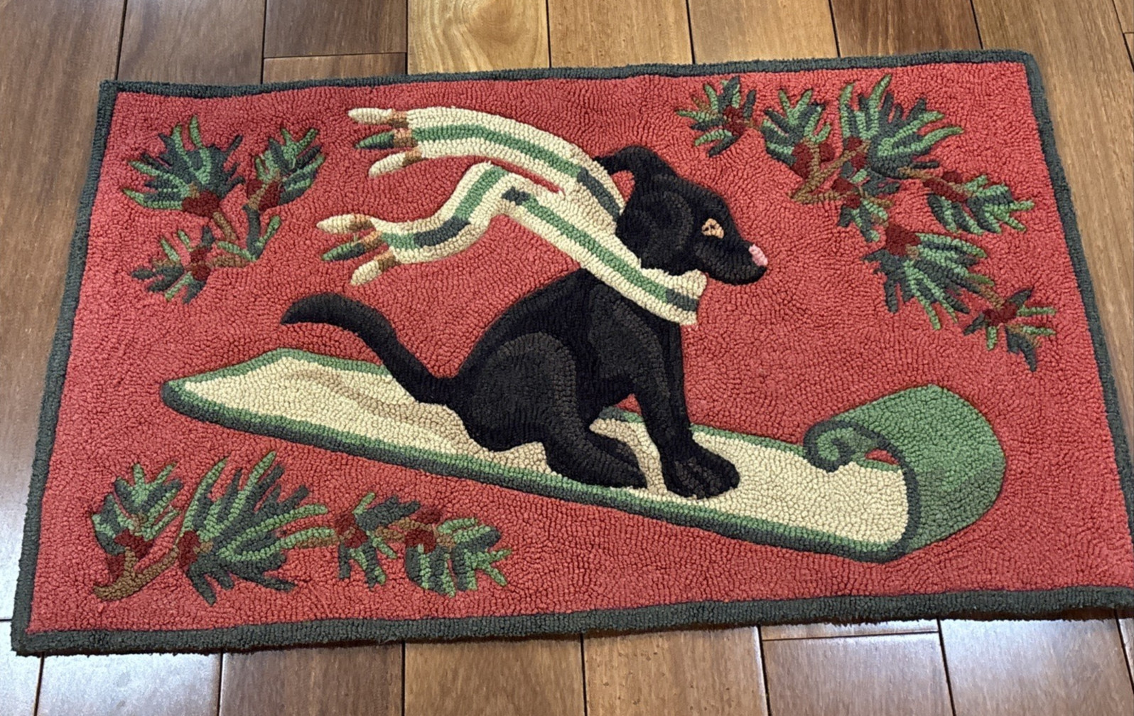 Vintage Handmade Hooked Rug Dog Scarf Sled Christmas Black Lab 19 X 32
