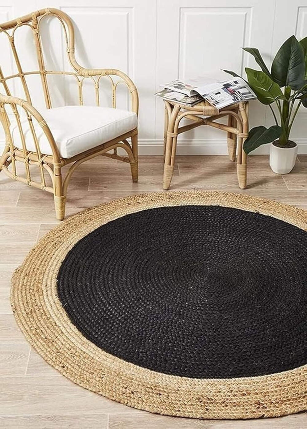 Handmade Black & Natural Jute Round Area Rug –Eco-Friendly Braided Jute Area Rug