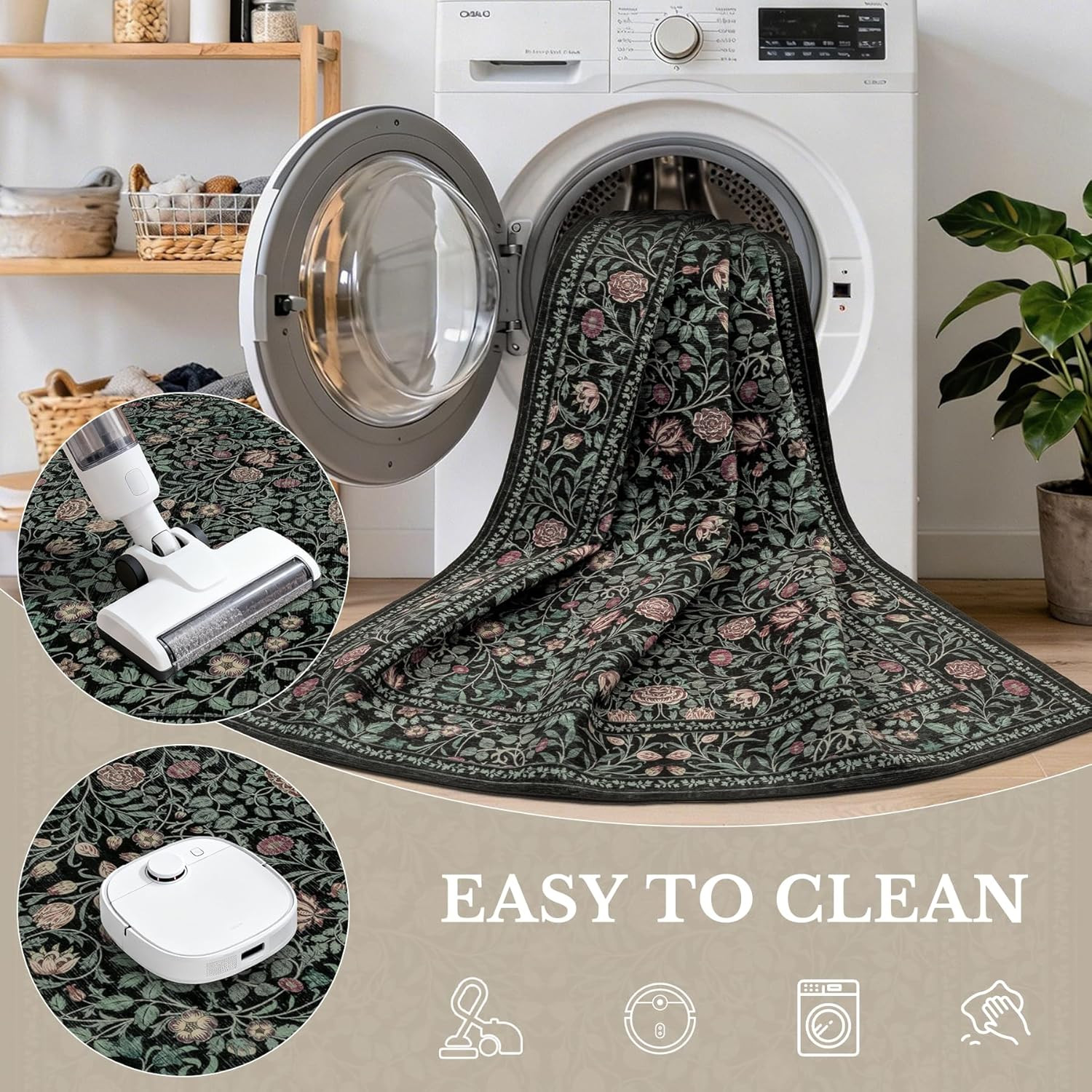 5X7 Area Rugs Living Room Rug: Floral Washable Rug Vintage Boho Soft No Slip Sta
