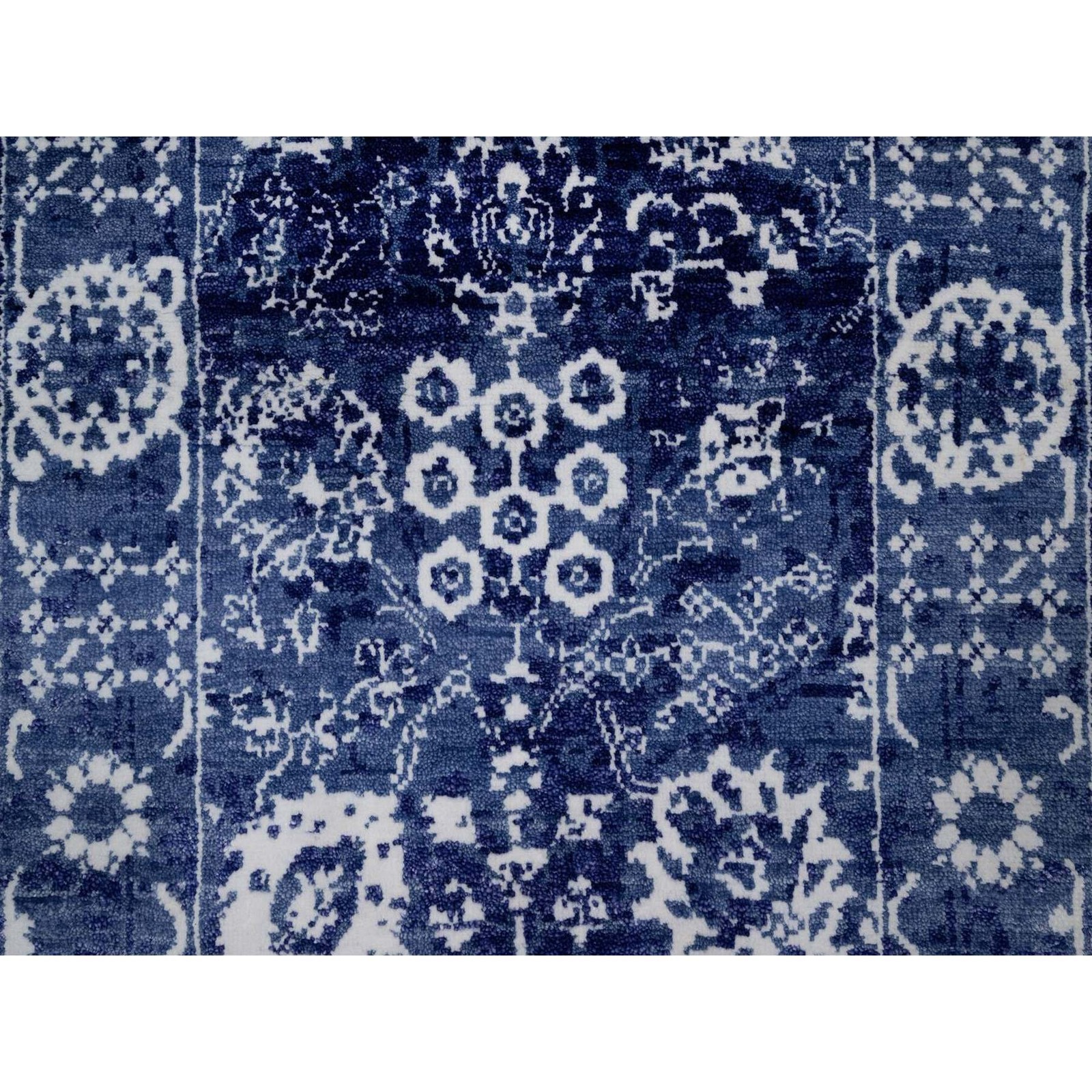 2’6″x6′ Ensign Blue Wool and Silk Rug Tebraz with Leaf Design Hand Knotted 92020