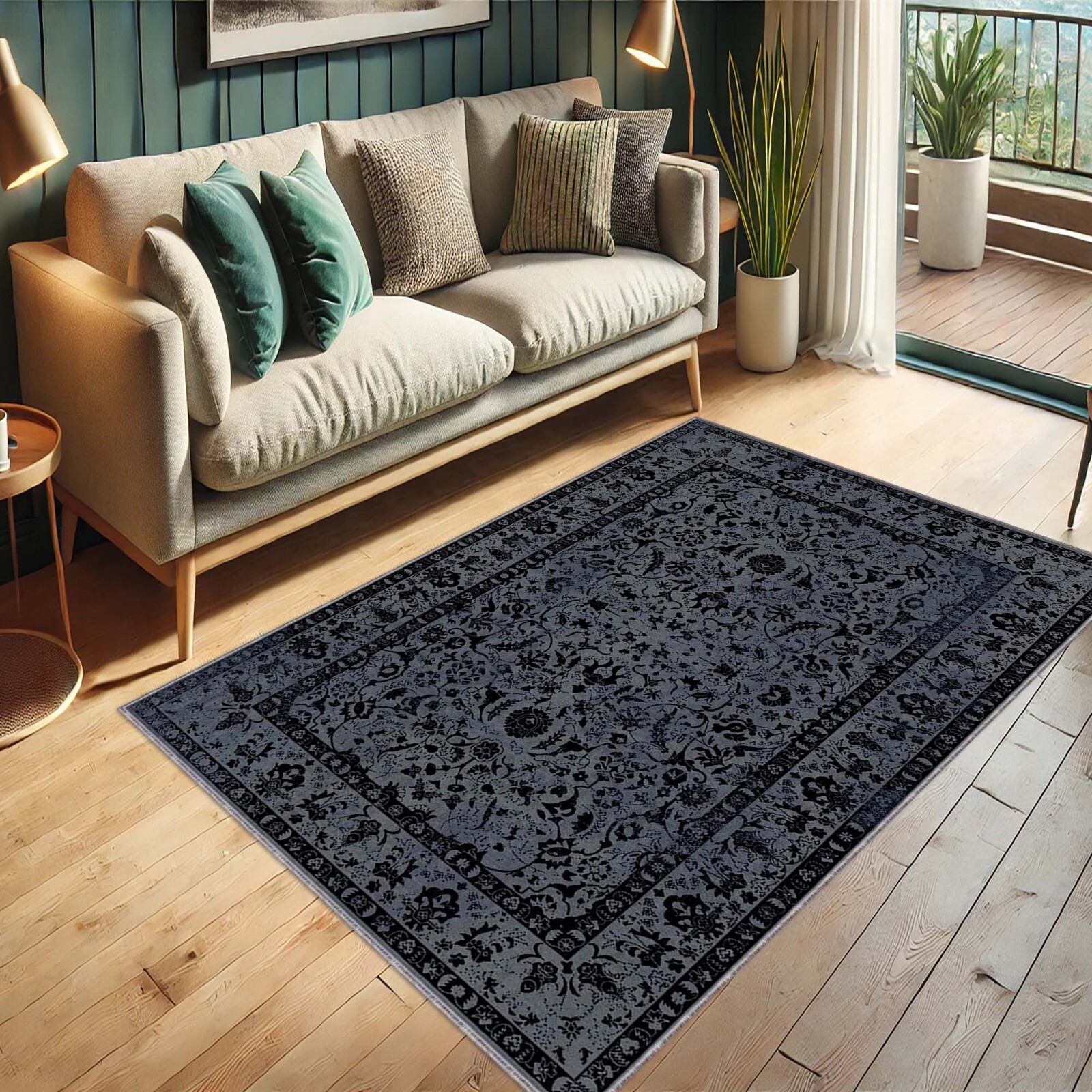 Dark Vintage Style, Classic Decor, Black Gray Mat, Oriental Carpet, Elegant Floo